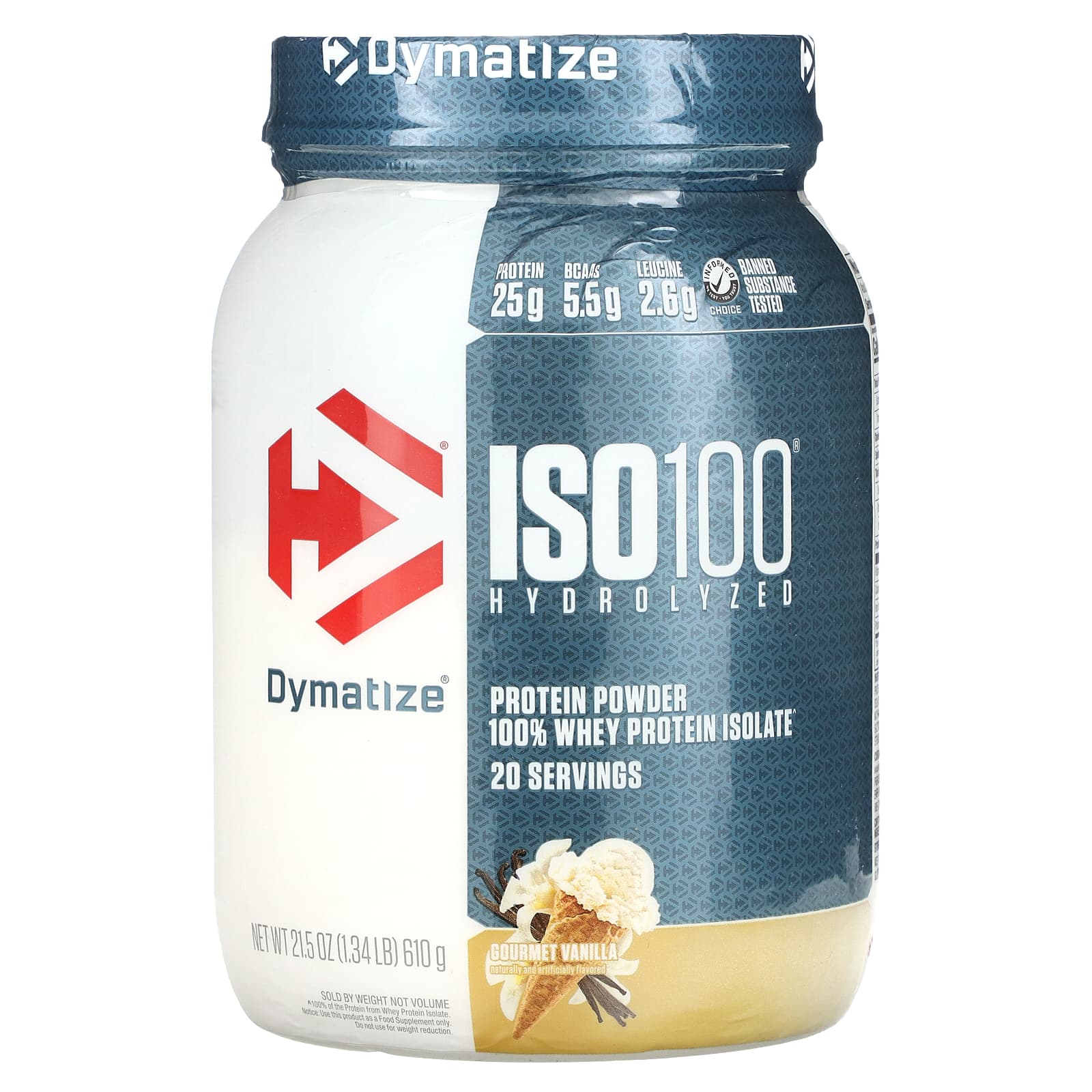 Dymatize, ISO 100, гидролизованный 100% изолят сывороточного протеина, ванильный вкус, 610 г (1,34 фунта)