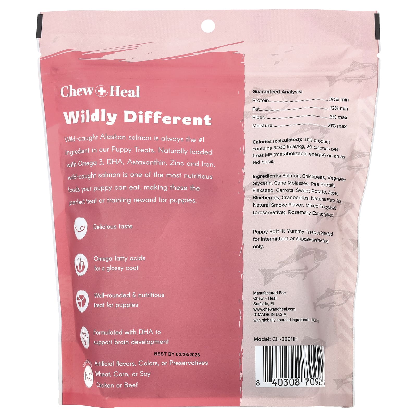 Chew + Heal, Вкусные лакомства для щенков, для собак, с лососем, 340 г (12 унций)