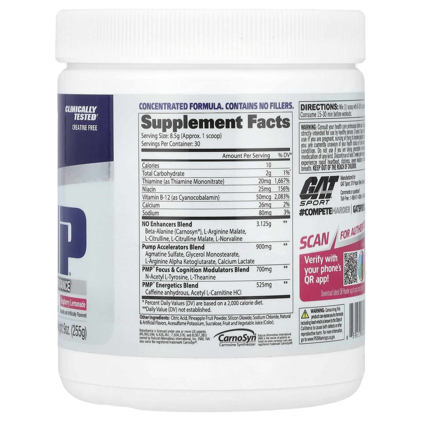 GAT, Sport, PMP, перед тренировкой, малиновый лимонад, 255 г (9 унций)