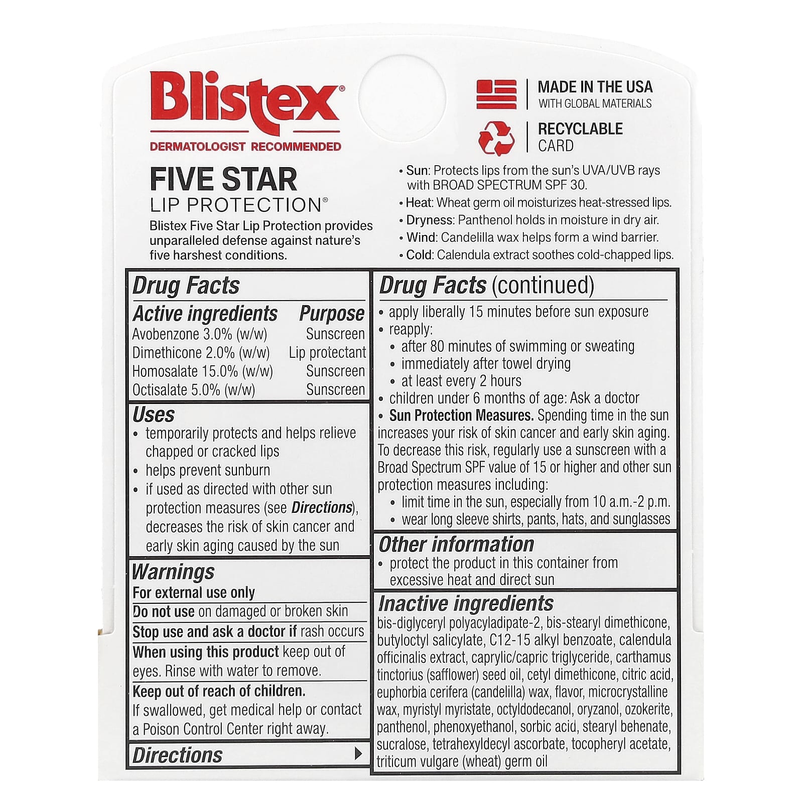 Blistex, Five Star Lip Protection, SPF 30, 4,25 г (15 унций)