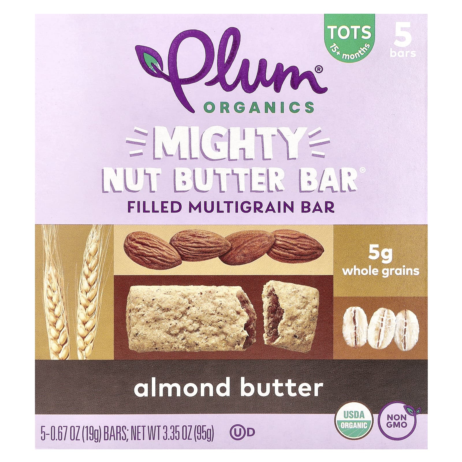 Plum Organics, Mighty Nut Butter Bar, для детей от 15 месяцев, миндальное масло, 5 батончиков, по 19 г (0,67 унции)