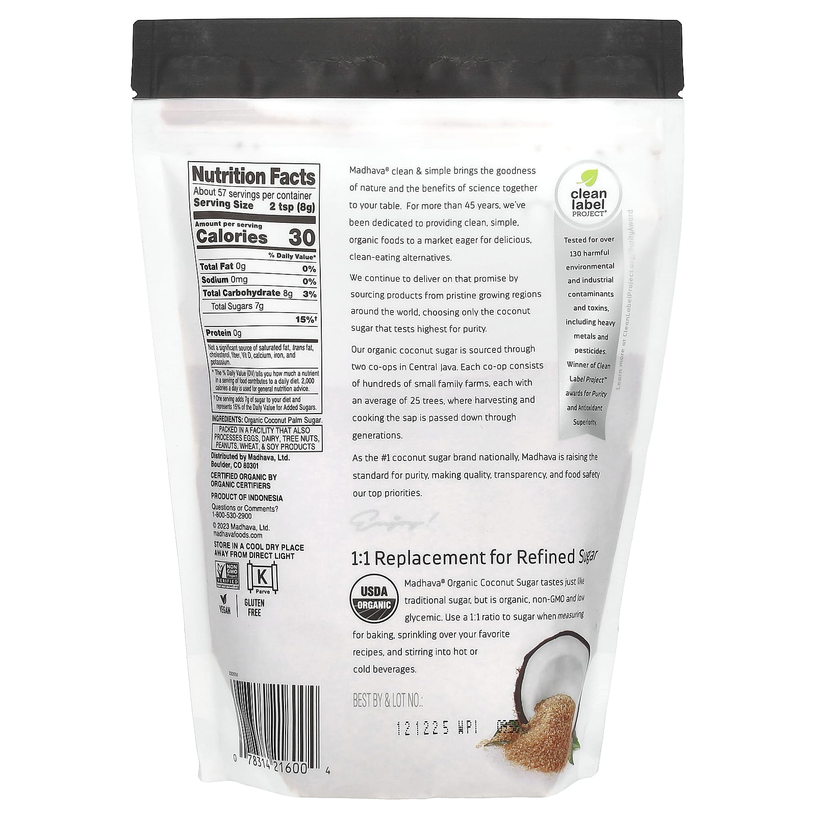 Madhava Natural Sweeteners, органический кокосовый сахар, нерафинированный, 454 г (1 фунт)