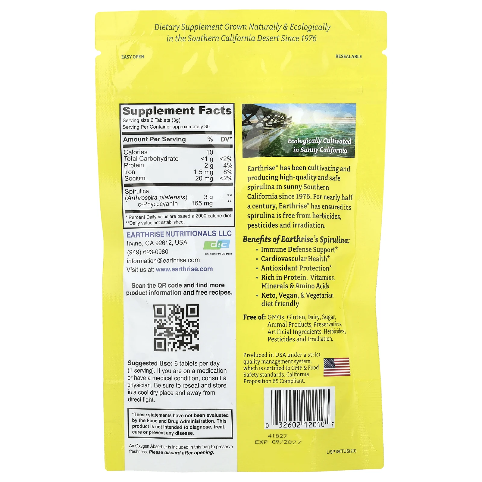 Earthrise, 100% спирулина, выращенная в Калифорнии, 3000 мг, 180 таблеток (500 мг в одной таблетке)