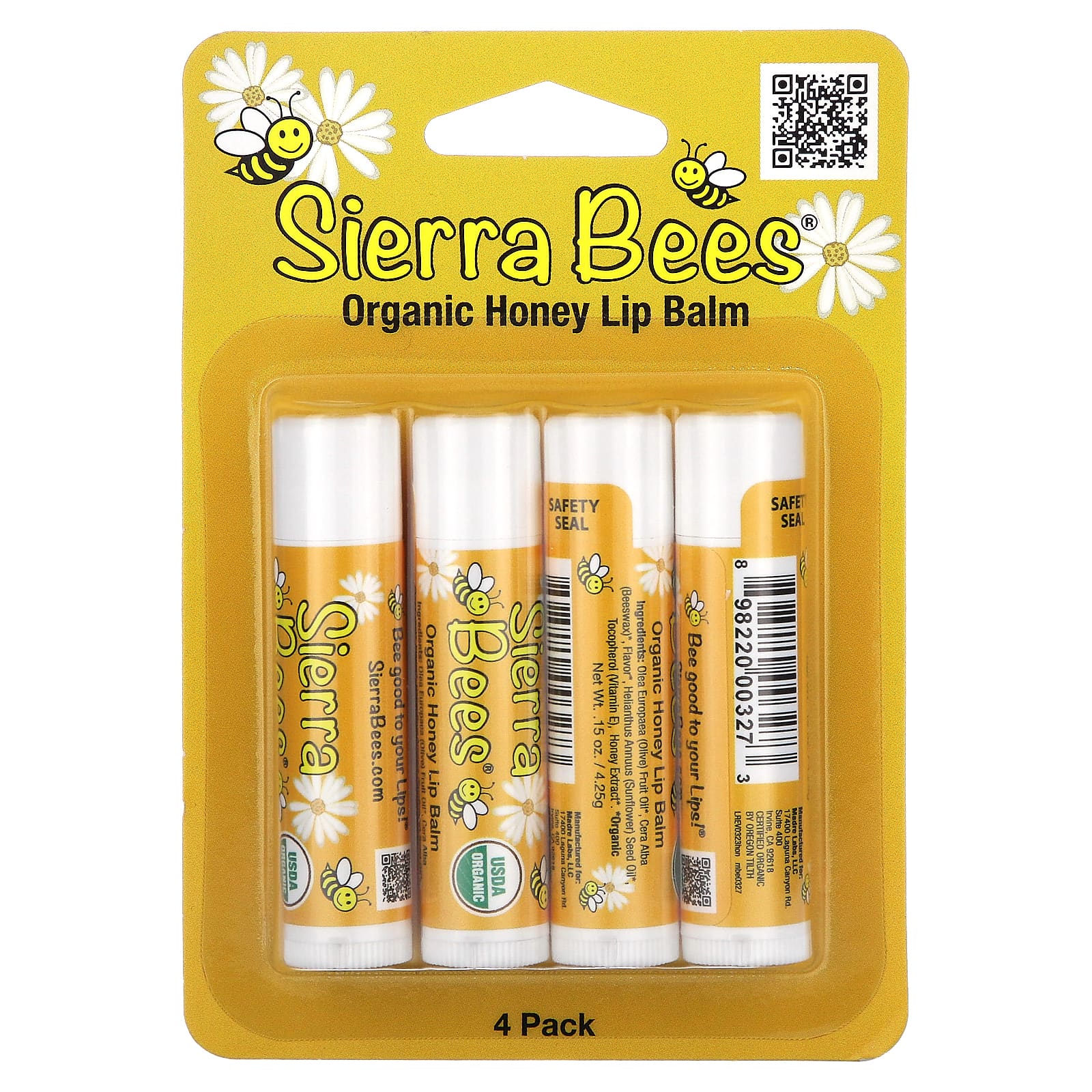 Sierra Bees, Органические бальзамы для губ, мед, 4 штуки в упаковке весом 0,15 унции (4,25 г) каждая
