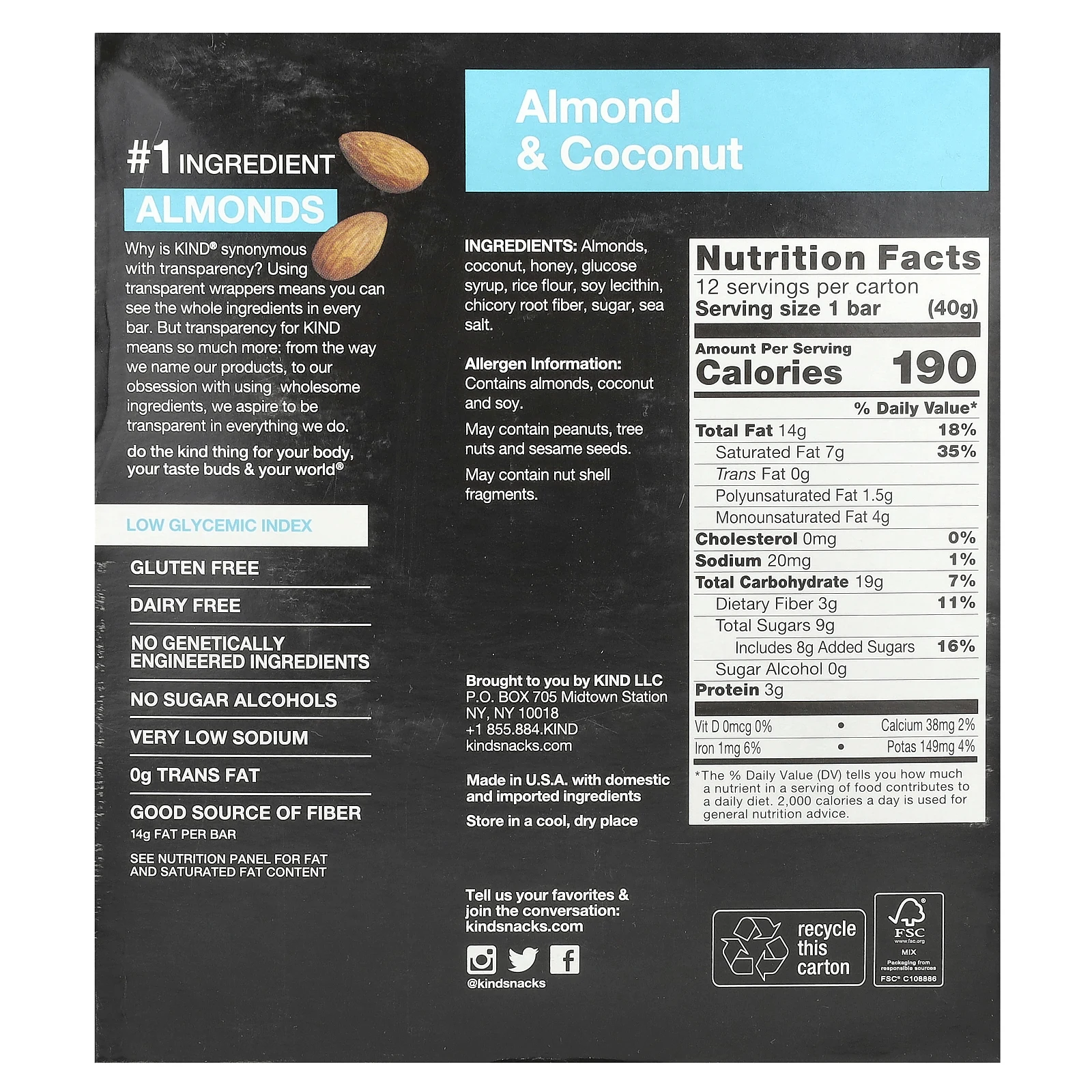 KIND Bars, Миндаль и кокос, 12 батончиков по 40 г (1,4 унции)