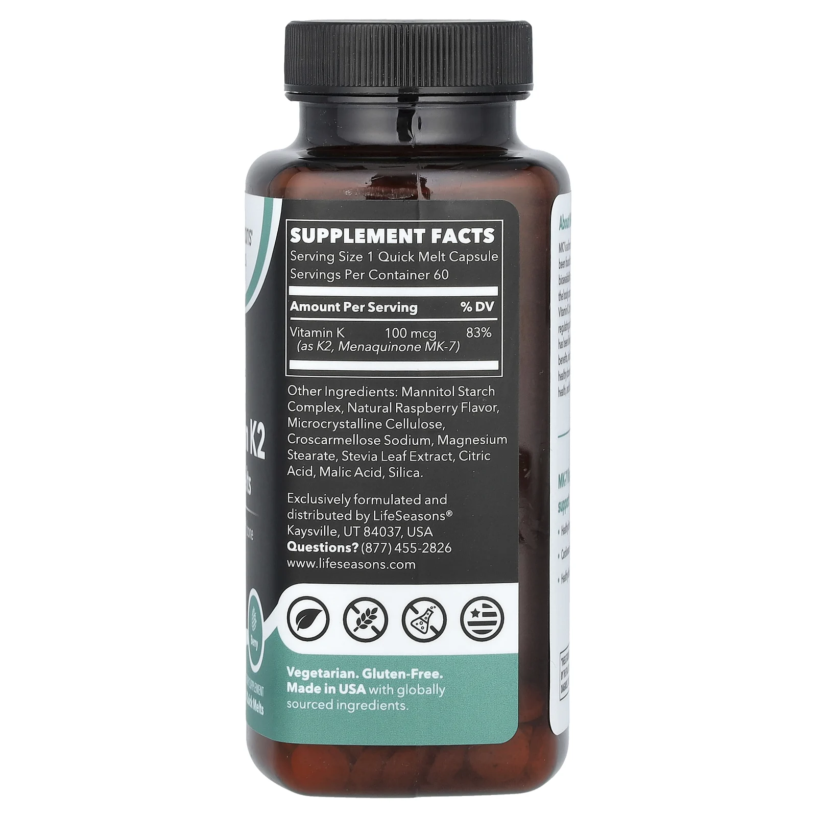 LifeSeasons, Essential, MK-7, витамин K2, быстро плавится, ягоды, 60 растворимых ингредиентов