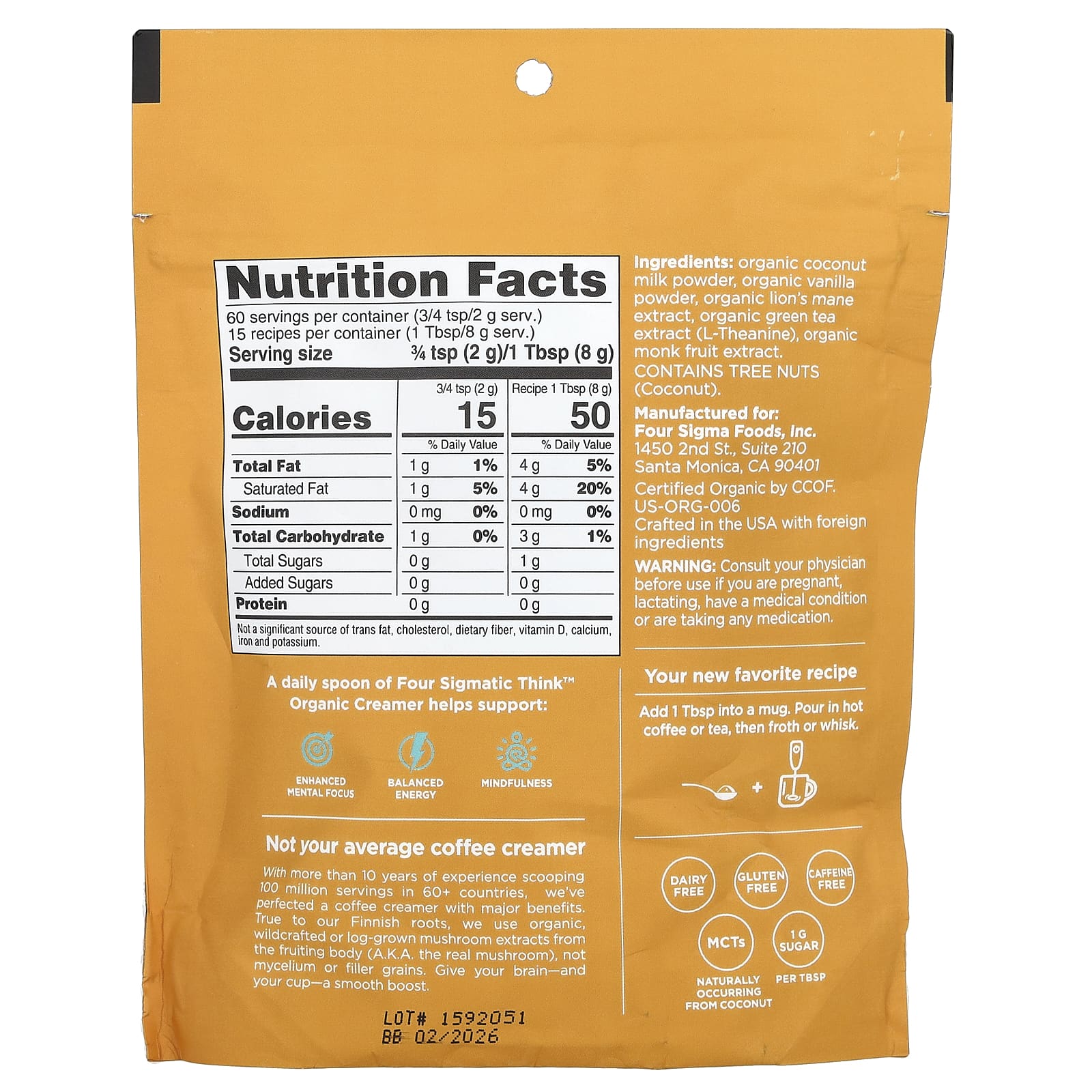 Four Sigmatic, Think Organic Creamer, без молочных продуктов, ваниль и кокос, 120 г (4,23 унции)