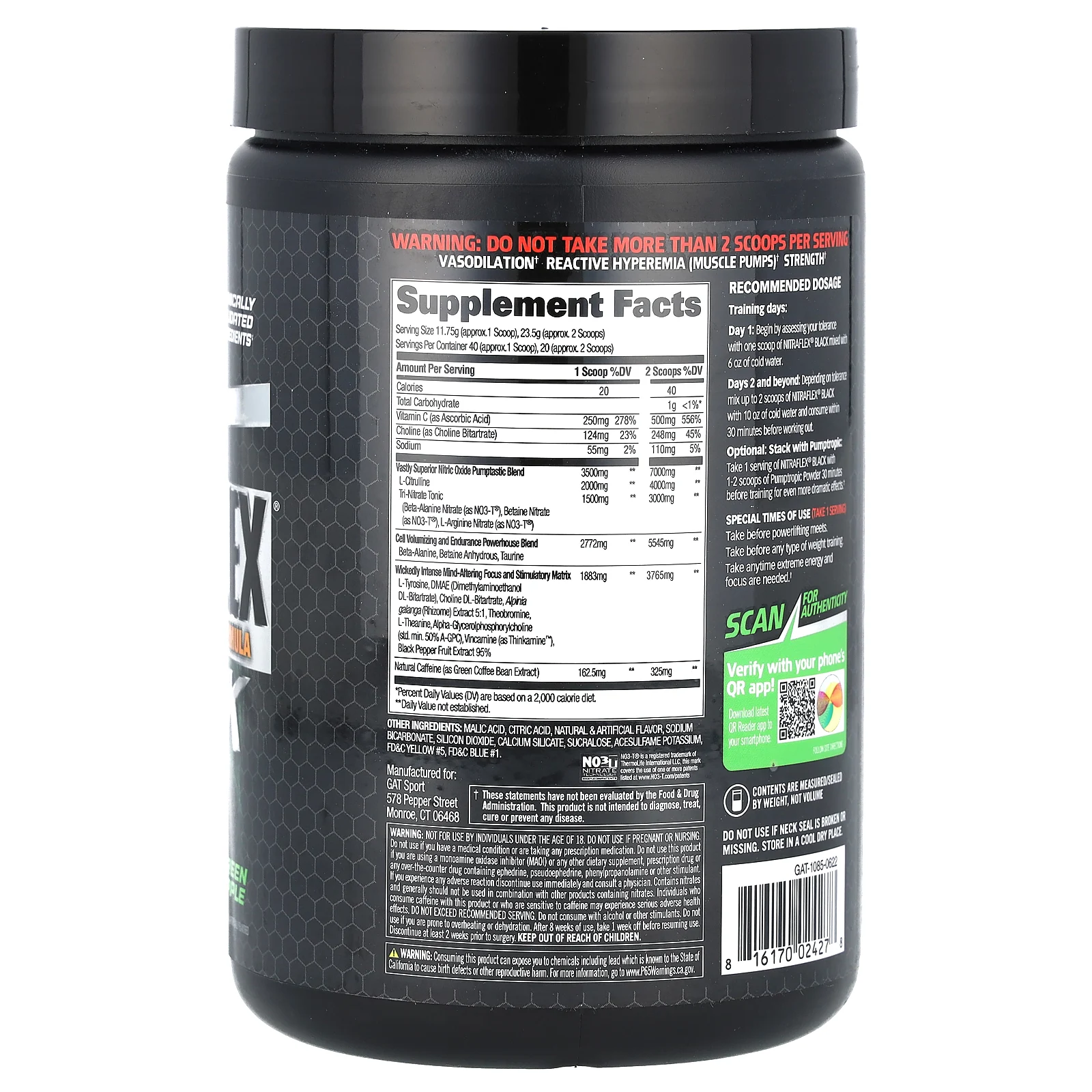 GAT, Sport, NITRAFLEX, черное, зеленое яблоко, 470 г (1,05 фунта)