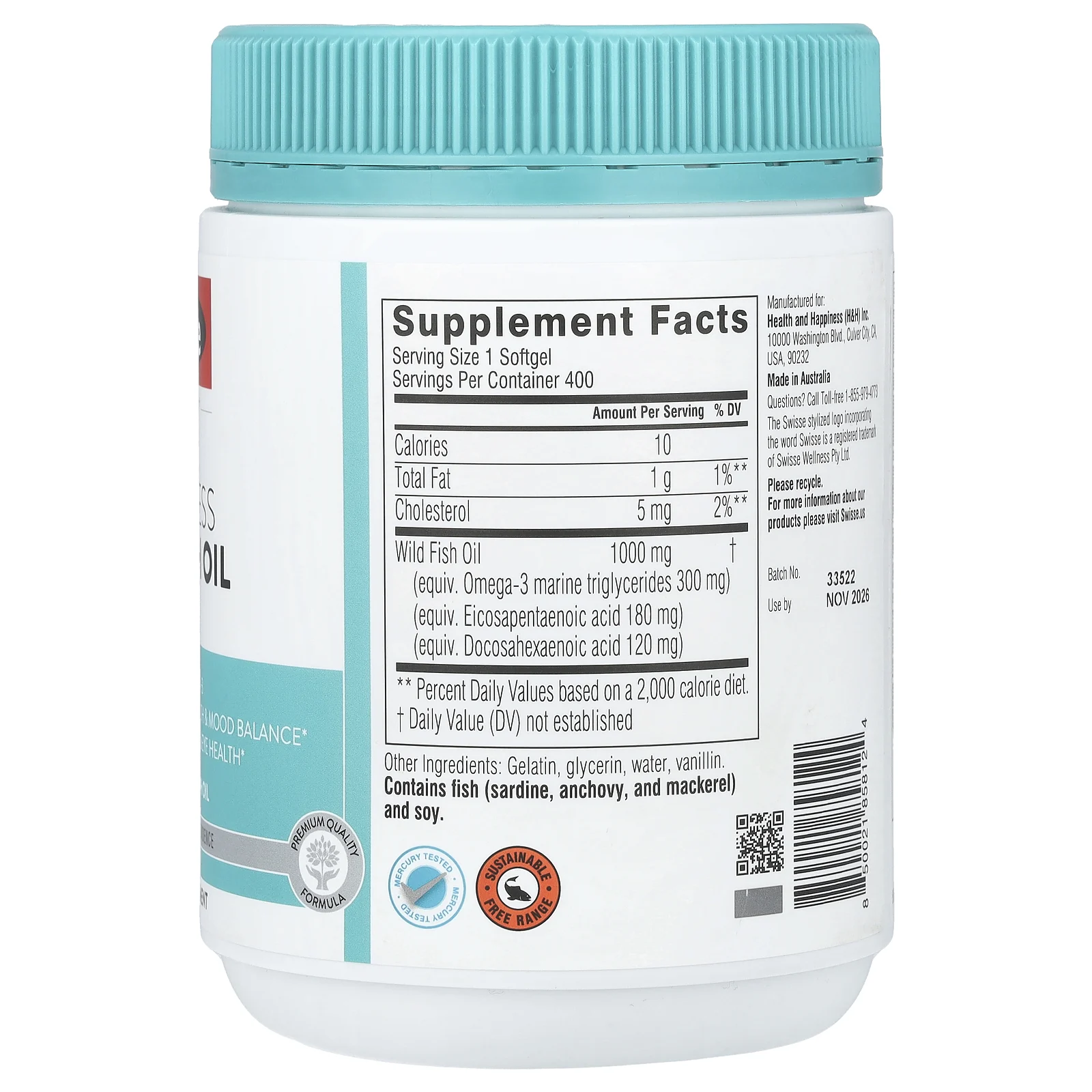 Swisse, Ultiboost® жир диких рыб без запаха, 1000 мг, 400 мягких таблеток