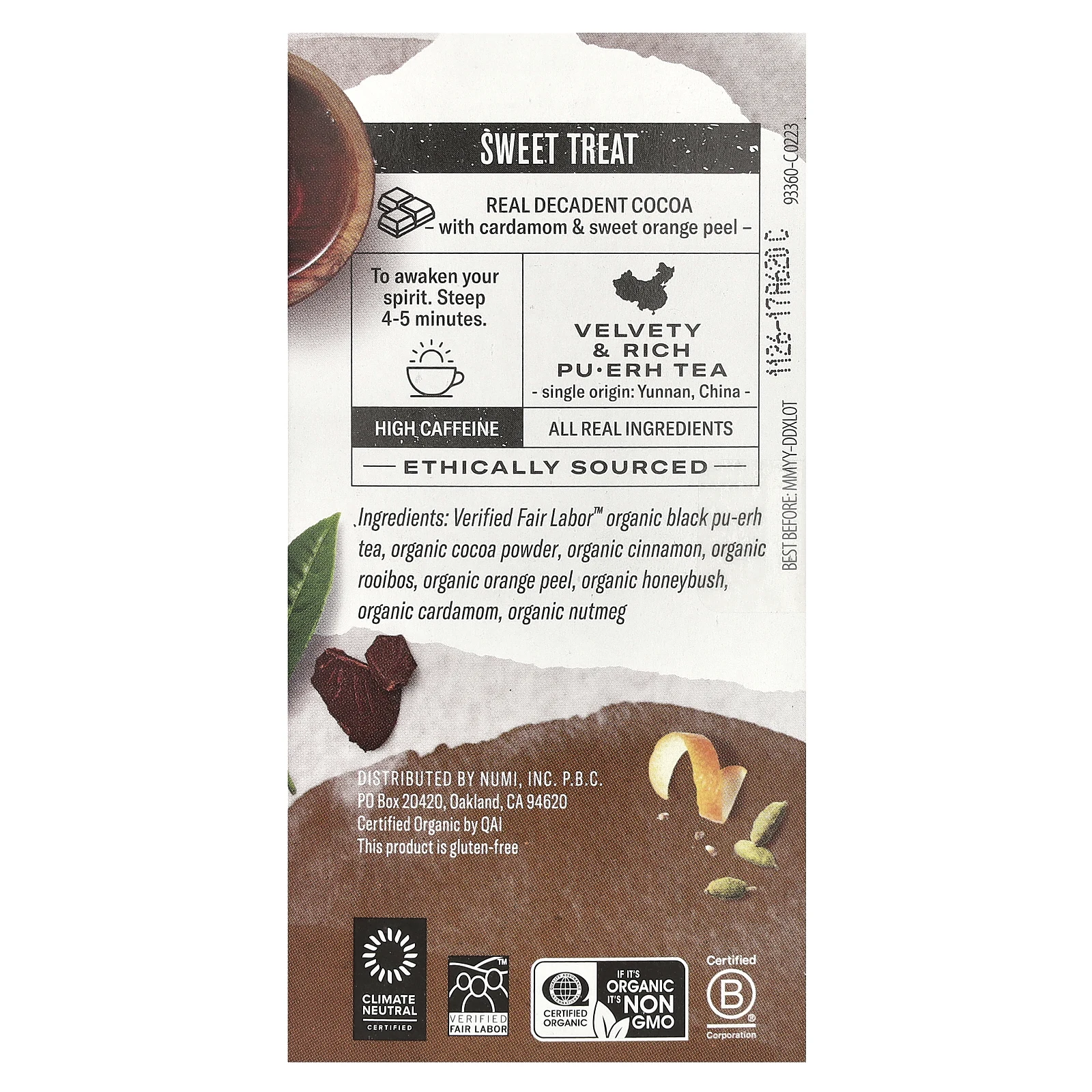 Numi Tea, Органический чай пуэр, шоколадный пуэр, 16 чайных пакетиков, 1,24 унции (35,2 г)
