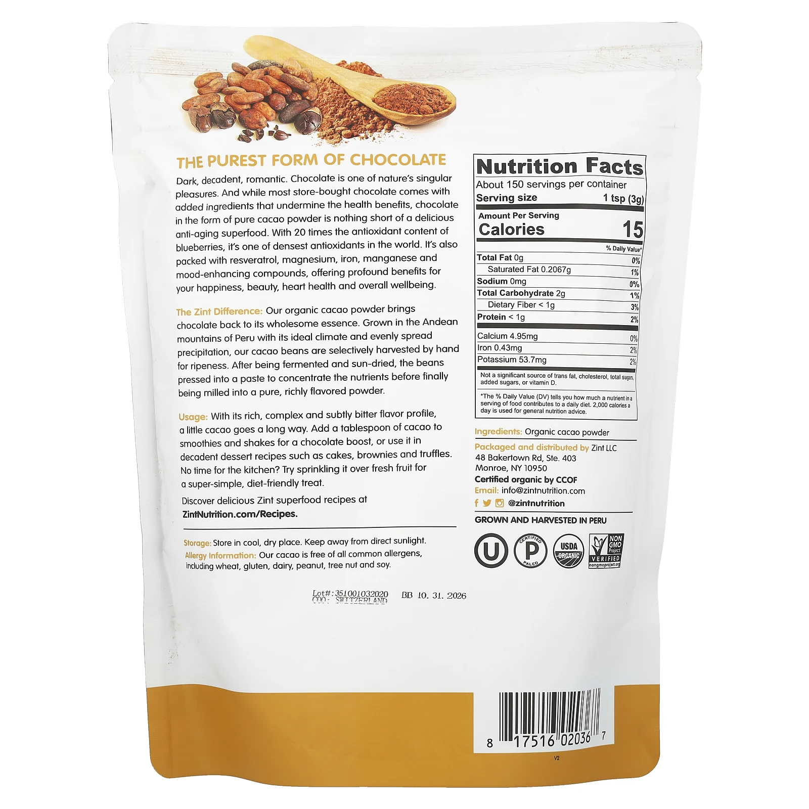 Zint, Сырой органический порошок какао, 454 г (16 унций)