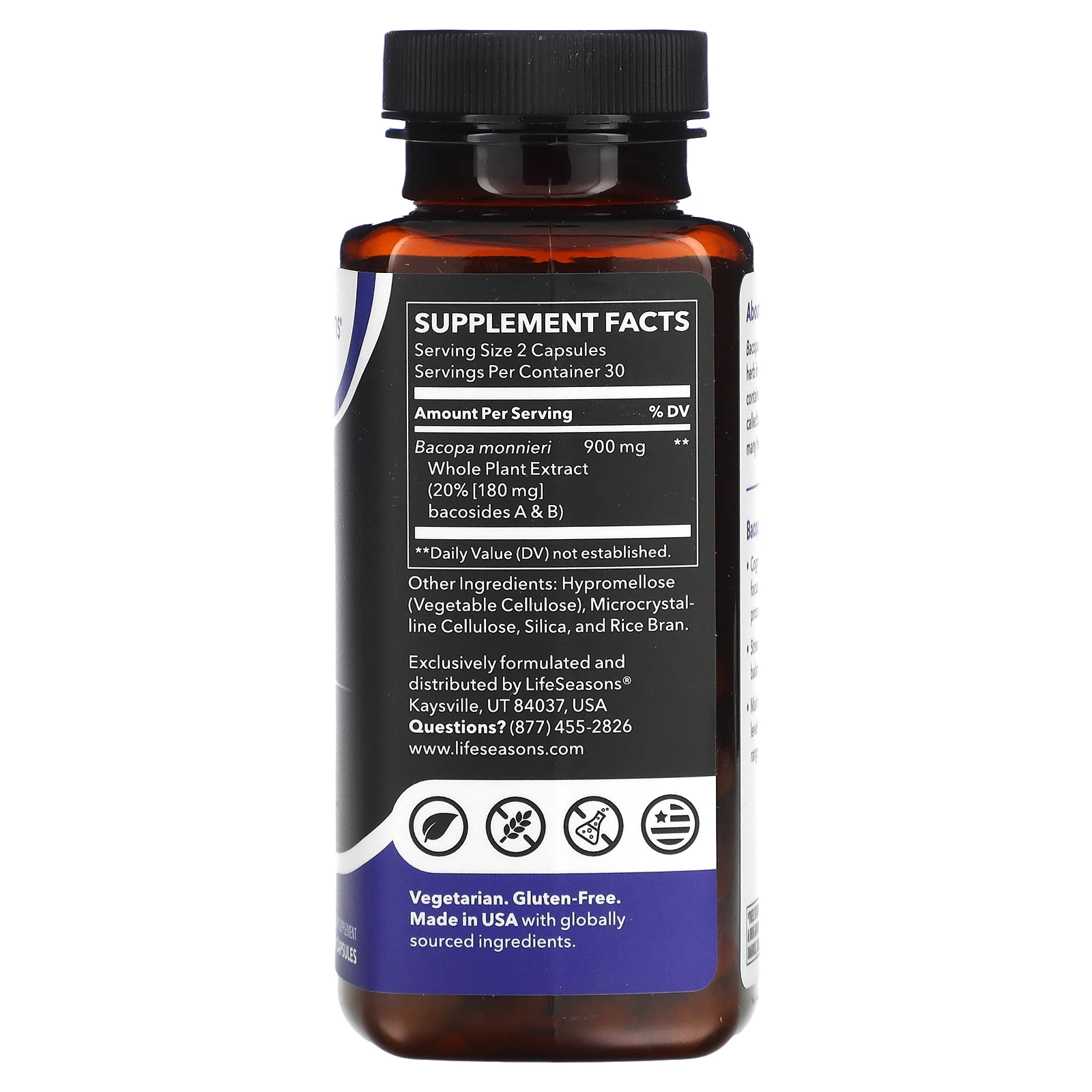LifeSeasons, экстракт бакопы, 900 мг, 60 растительных капсул (450 мг в 1 капсуле)