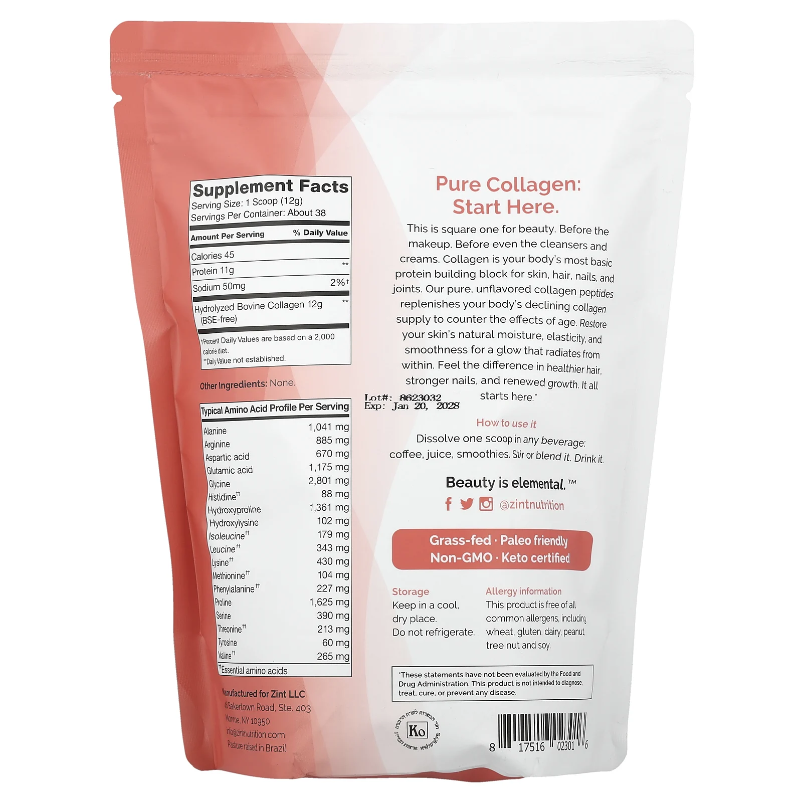 Zint, экологически чистые пептиды коллагена от животных травяного откорма, без вкусовых добавок, 454 г (16 унций)