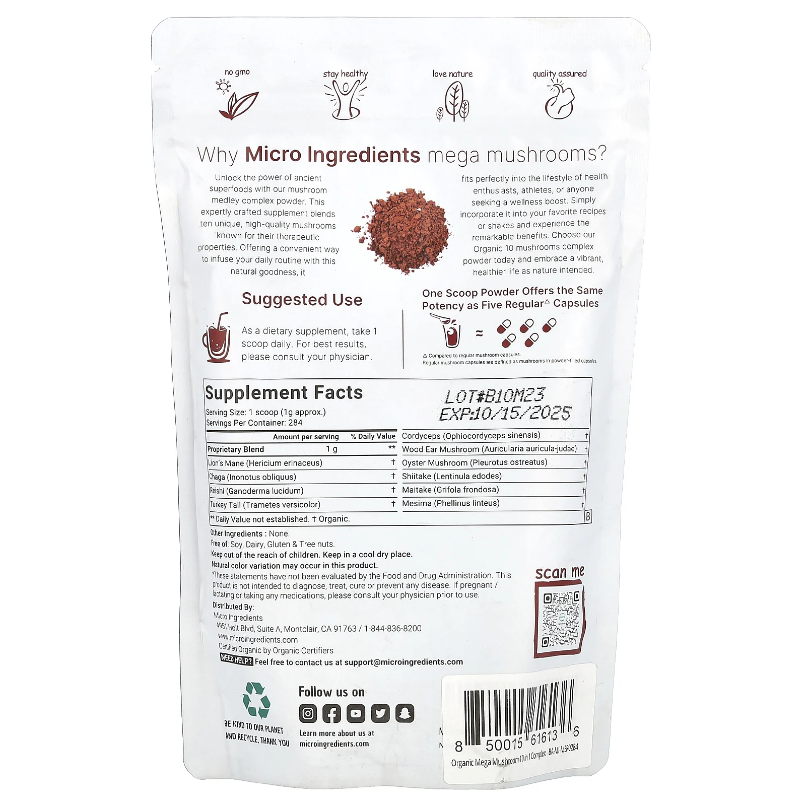 Micro Ingredients, Порошок из органических грибов, 284 г (10 унций)