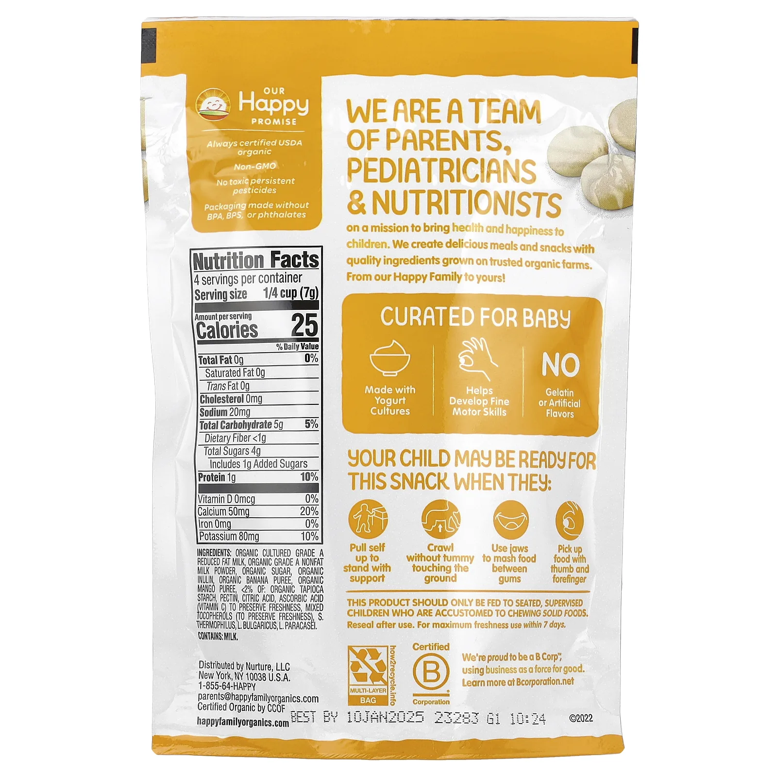 Happy Family Organics, Yogis, органические снеки из сублимированного йогурта с фруктами, банан и манго, 28 г