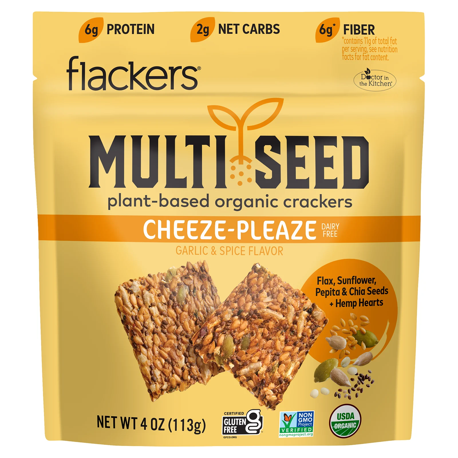 Flackers, Multi Seed, органические крекеры на растительной основе, Cheeze-Pleaze, чеснок и специи, 113 г (4 унции)