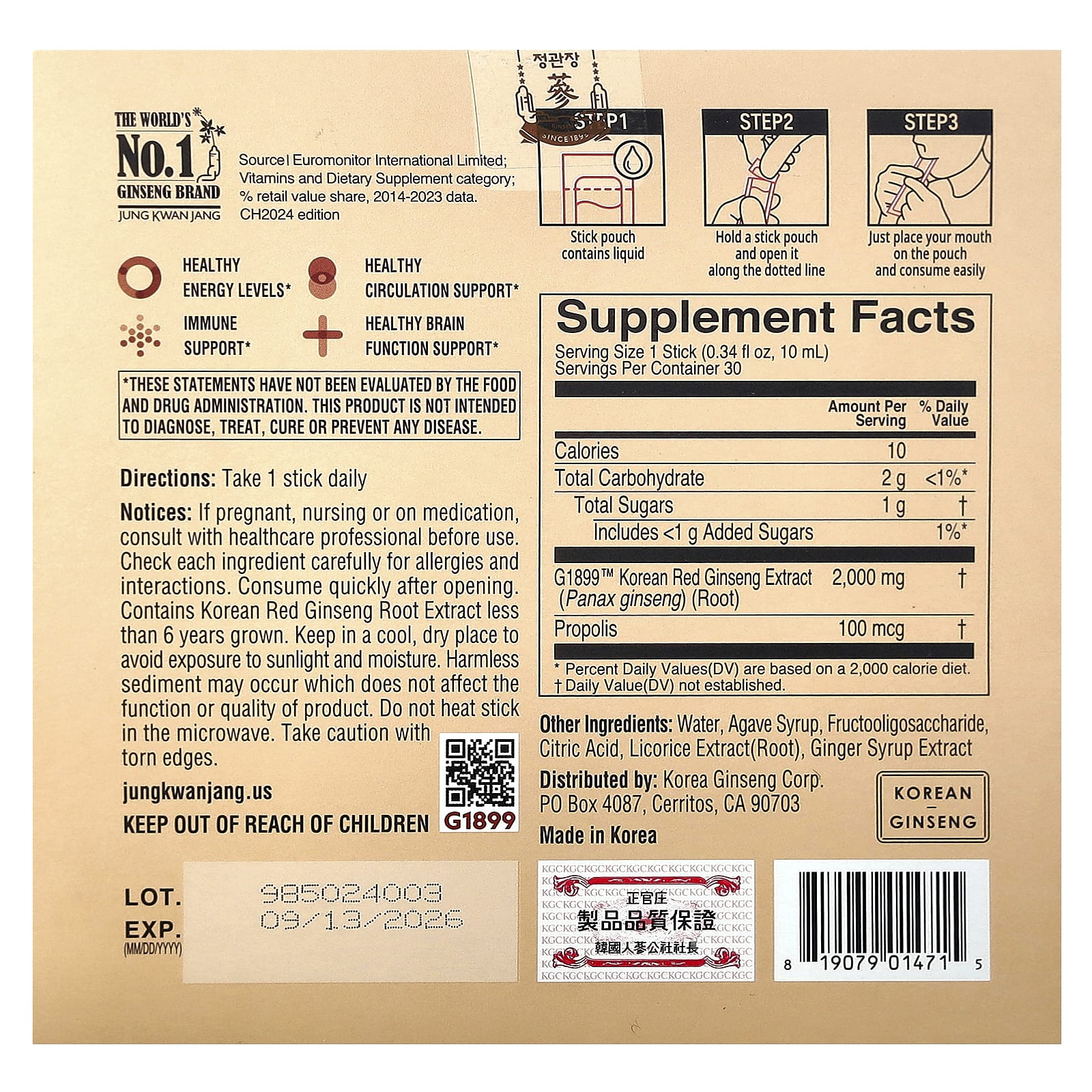 JungKwanJang, Экстракт корейского красного женьшеня, на каждый прием, 30 стиков по 10 мл (0,34 жидк. Унции)