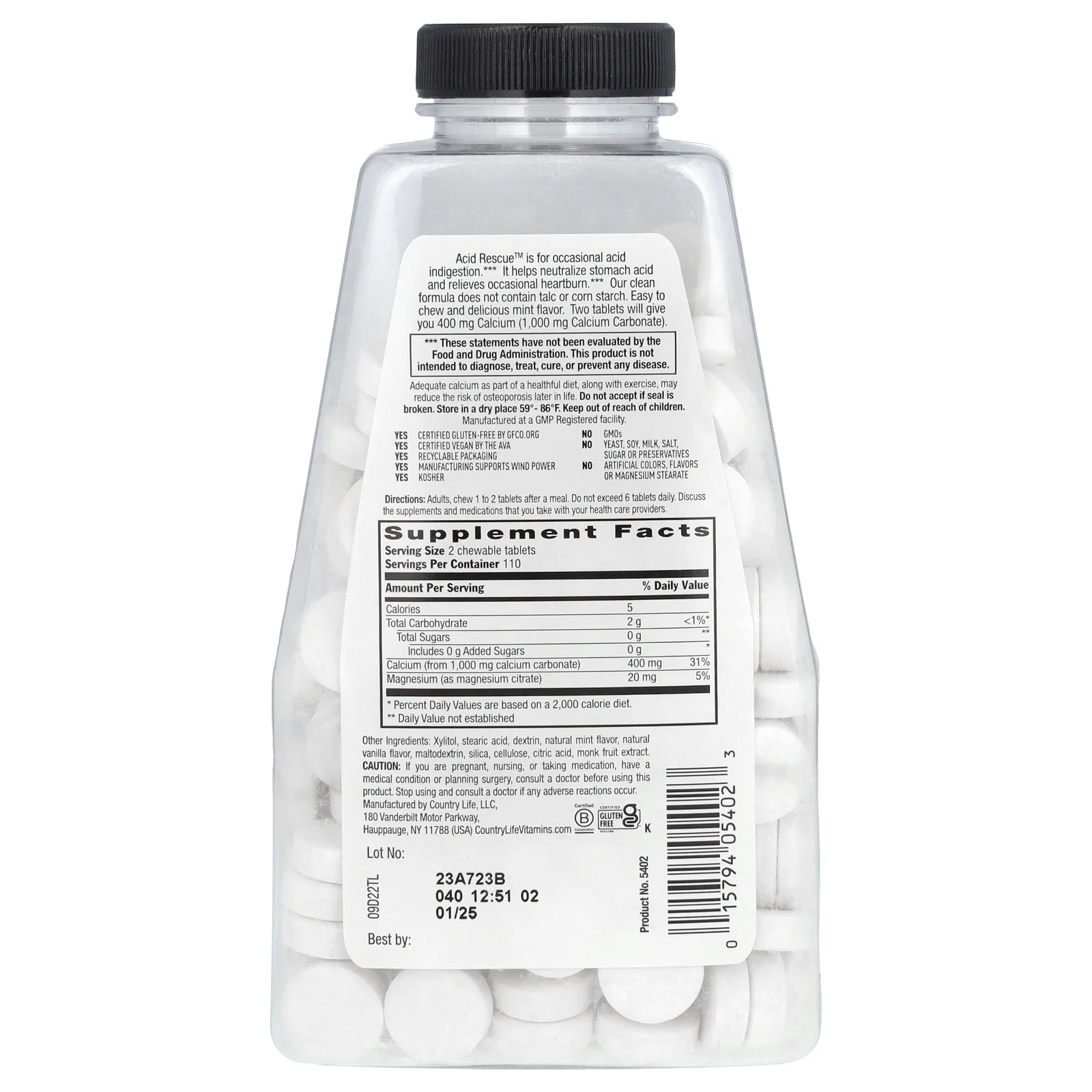 Country Life, Acid Rescue, карбонат кальция, мята, 1000 мг, 220 жевательных таблеток (500 мг на таблетку)