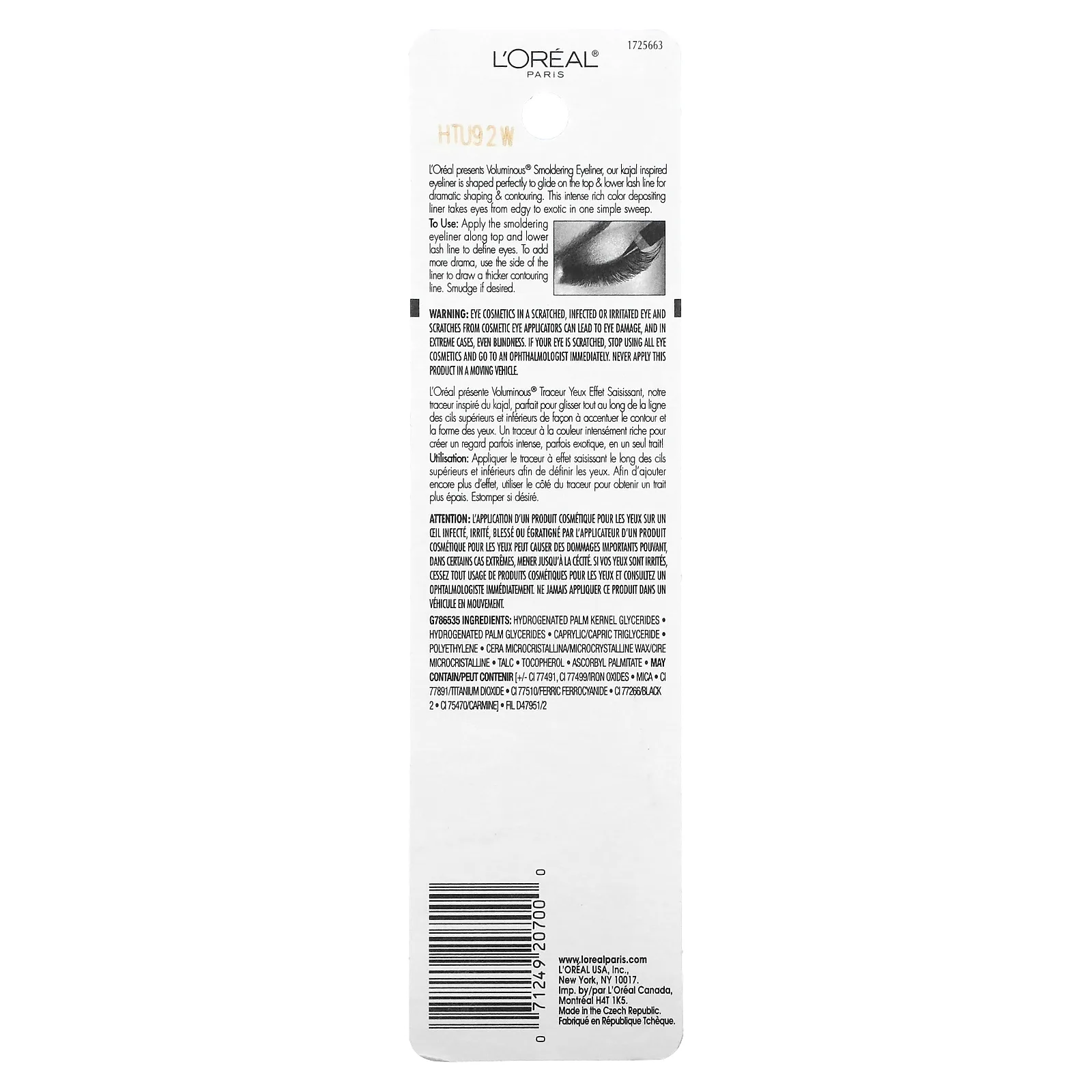 L'Oréal, Карандаш для глаз Voluminous Smoldering, оттенок 645 черный, 2,48 г