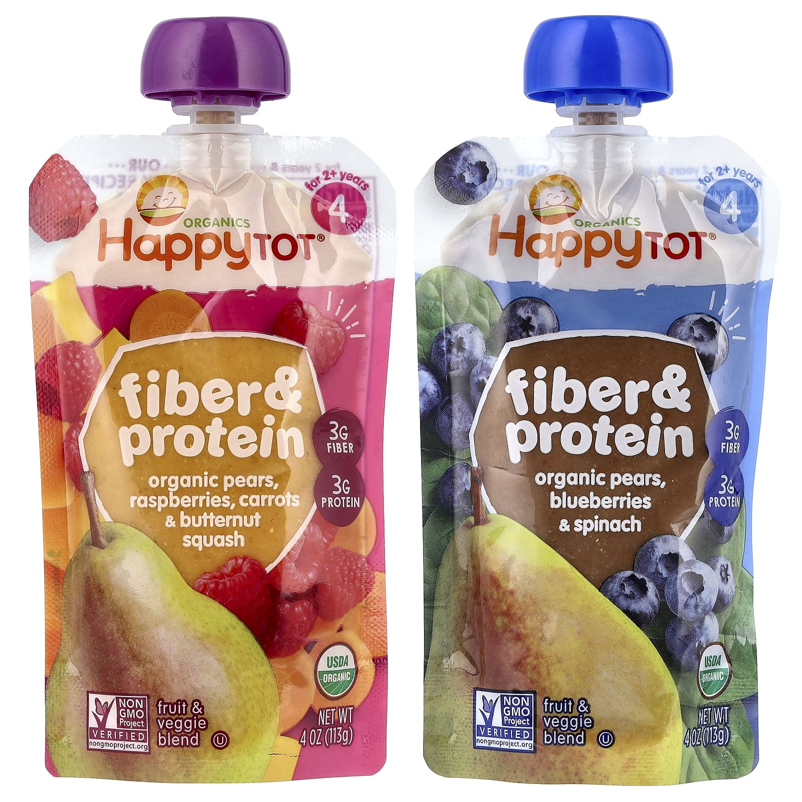 Happy Family Organics, Happy Tot®, клетчатка и белок, для детей от 2 лет, ассорти из 8 паучей по 113 г (4 унции)
