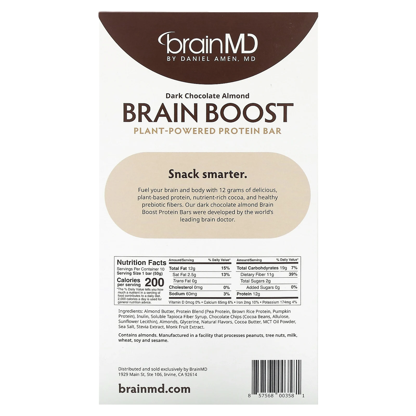 BrainMD, Brain Boost, батончик на растительной основе, протеиновый батончик, темный шоколад и миндаль, 10 батончиков по 50 г (1,5 унции)