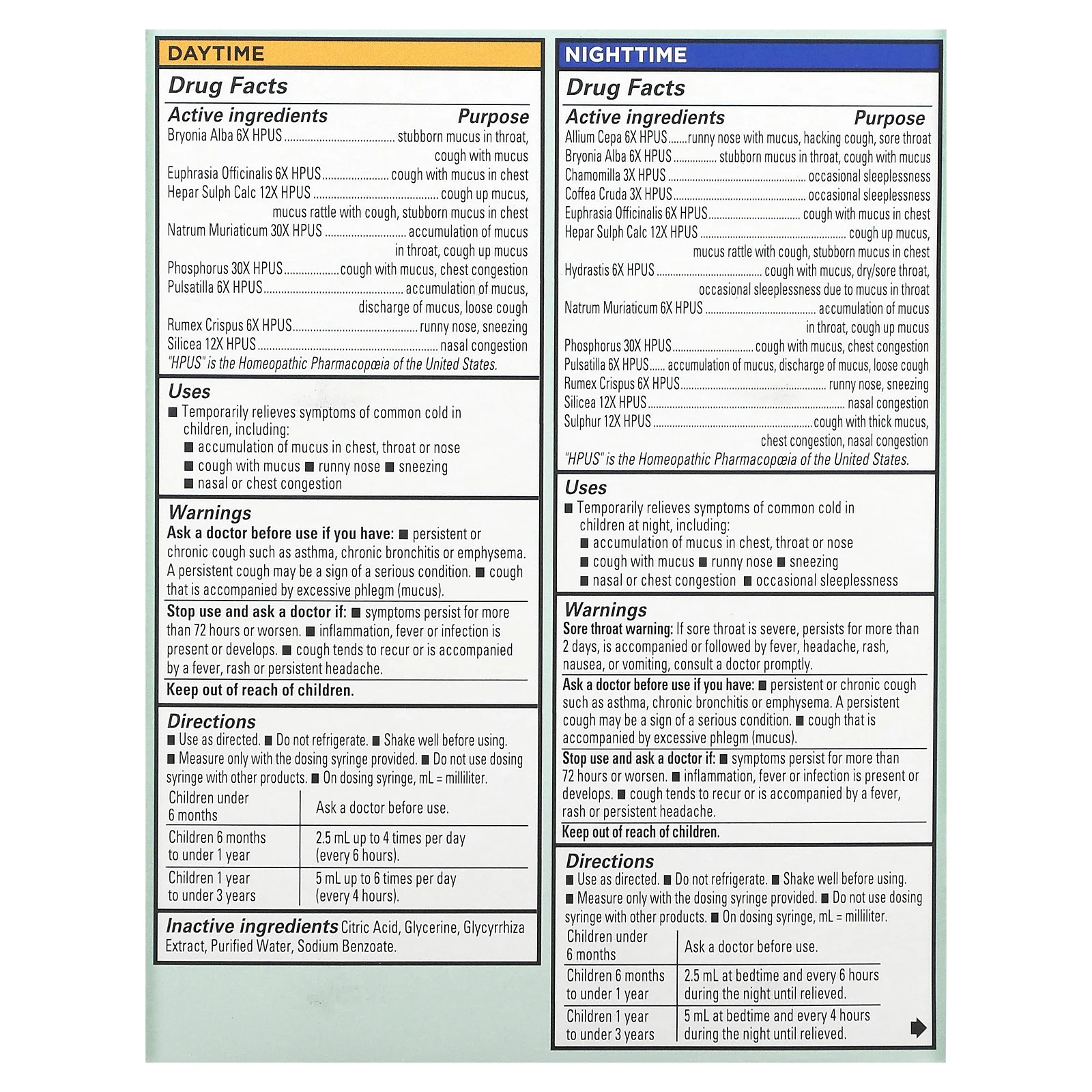 Hyland's Naturals, средство от слизи и простуды для детей, набор для приема в дневное/ночное время, от 6 месяцев, 2 флакона по 118 мл (4 жидк. унции)
