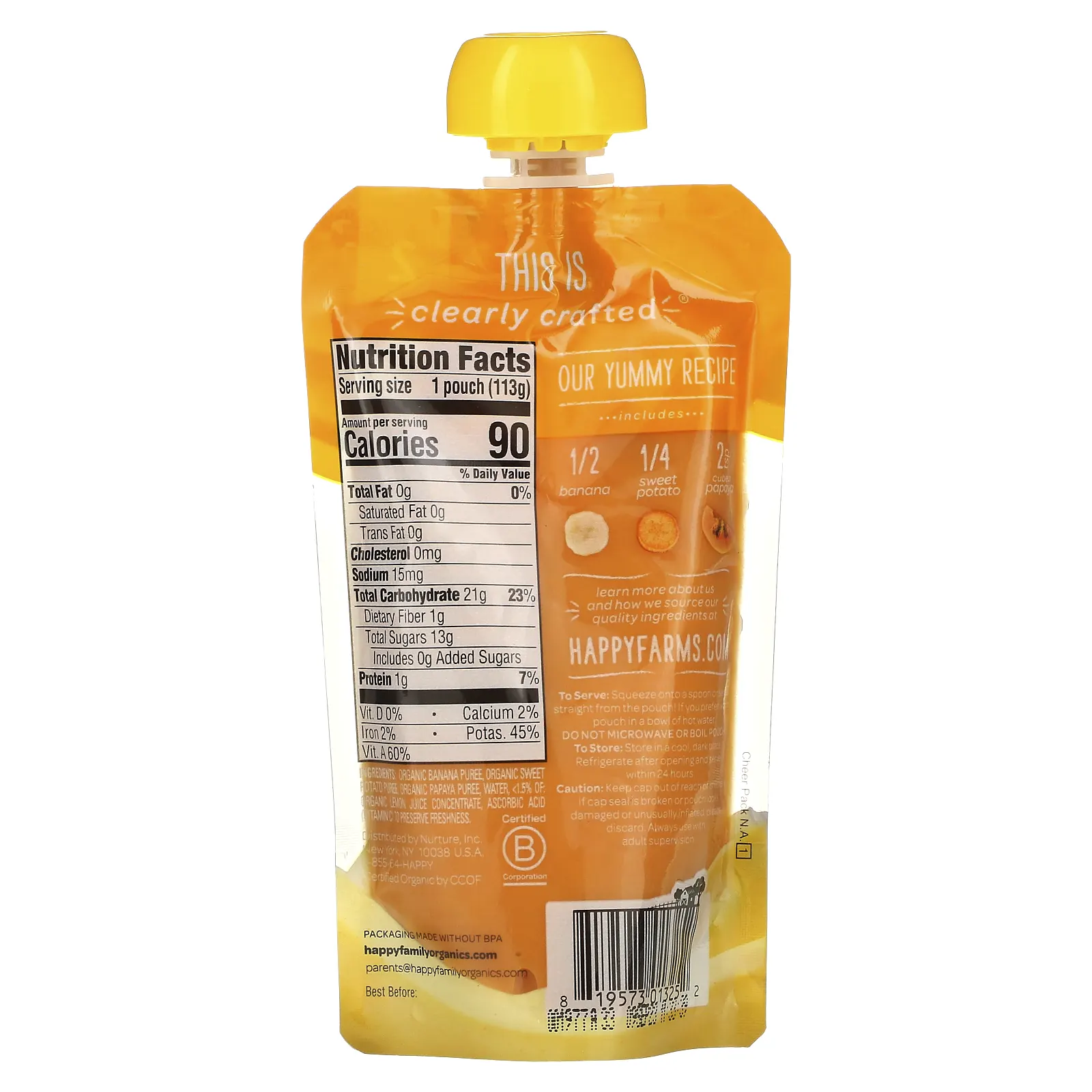 Happy Family Organics, Органическое детское питание, этап 2, от компании 6 месяцев, бананы, батат и папайя, 113 г (4 унции)