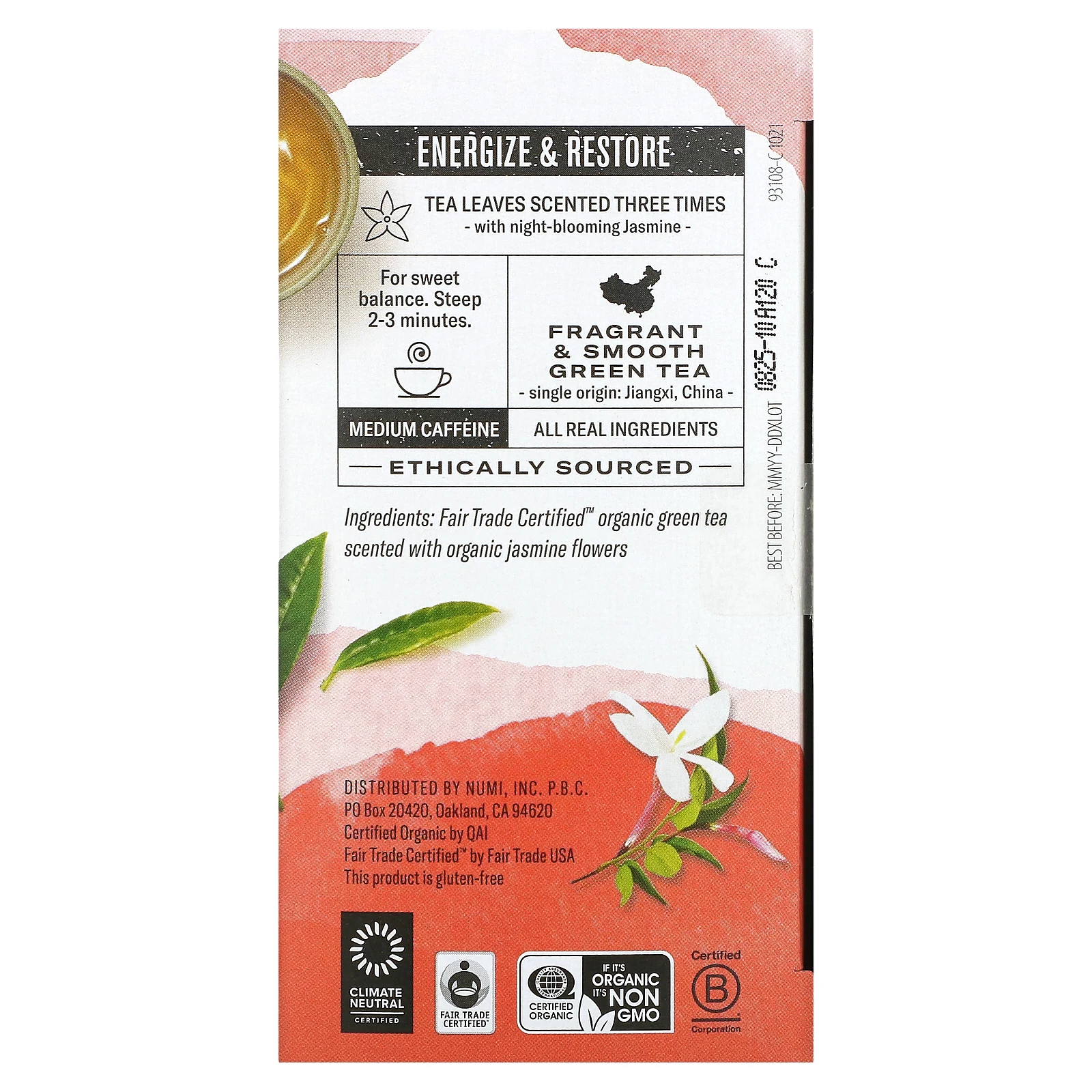 Numi Tea, Органический зеленый чай, зеленый жасмин, 18 чайных пакетиков, 1,27 унции (36 г)