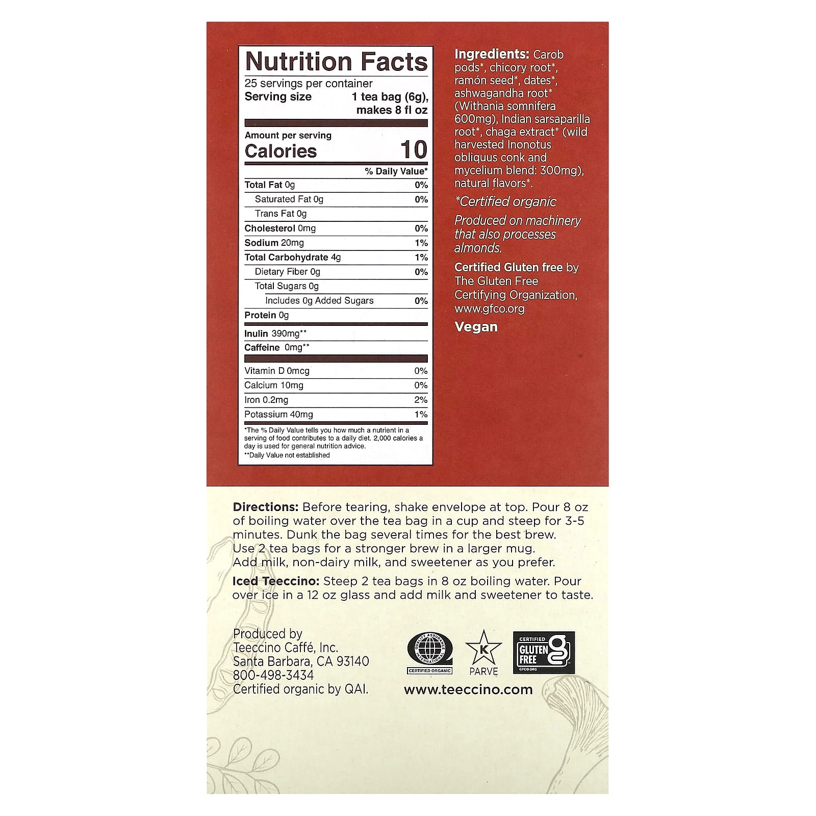 Teeccino, Органический грибной травяной чай, чага ашваганда, крем с ириской, без кофеина, 25 чайных пакетиков, 150 г (5,3 унции)