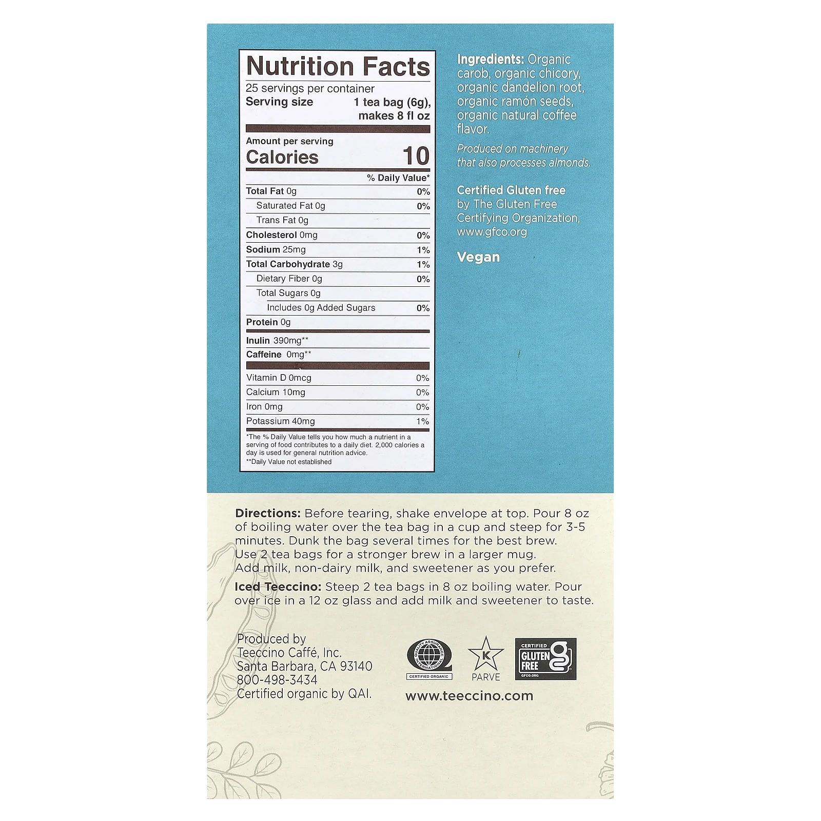 Teeccino, органический обжаренный травяной чай, одуванчик темного способа обжаривания, без кофеина, 25 чайных пакетиков, 150 г (5,3 унции)