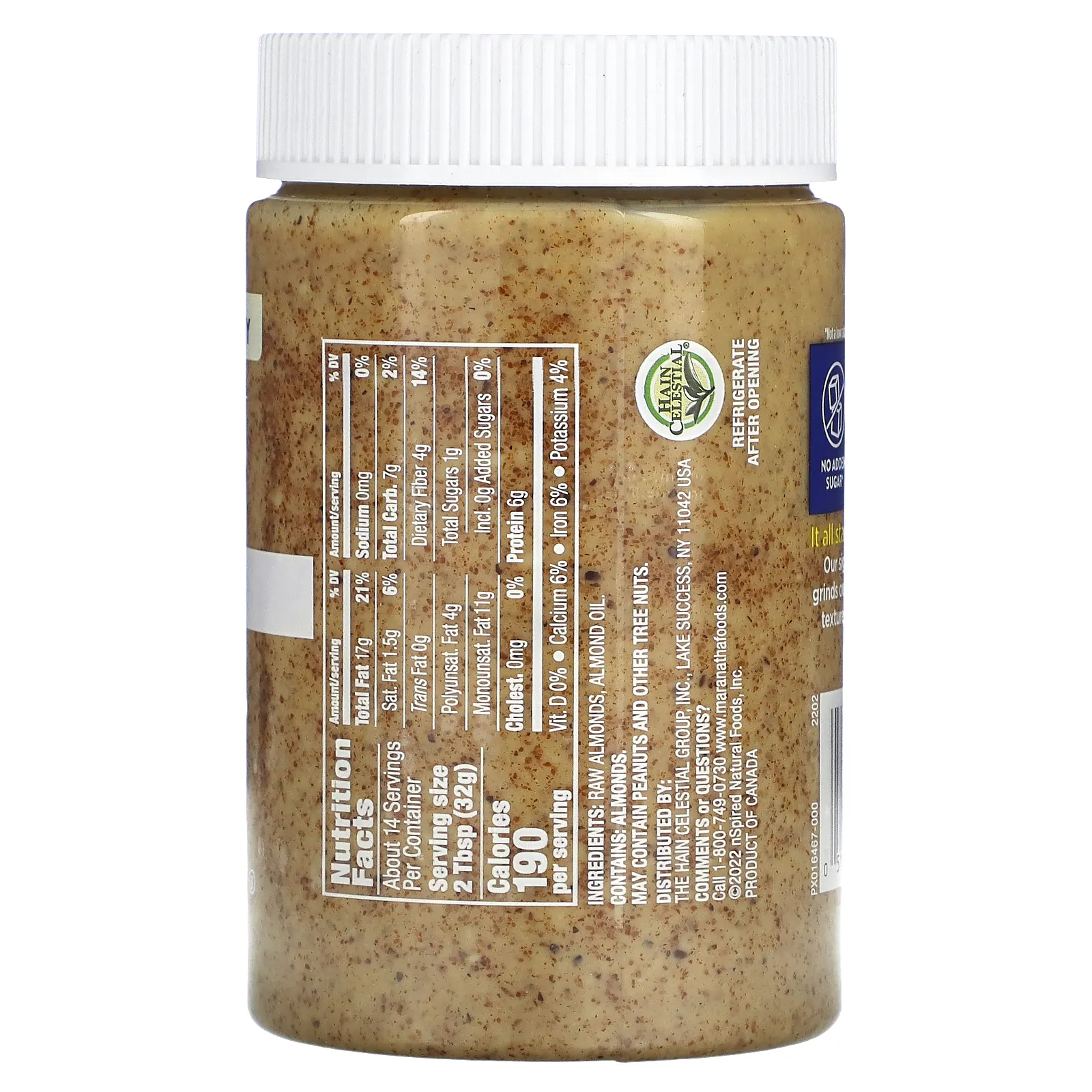 MaraNatha, паста из натурального необработанного калифорнийского миндаля, кремообразная, 454 г (16 унций)