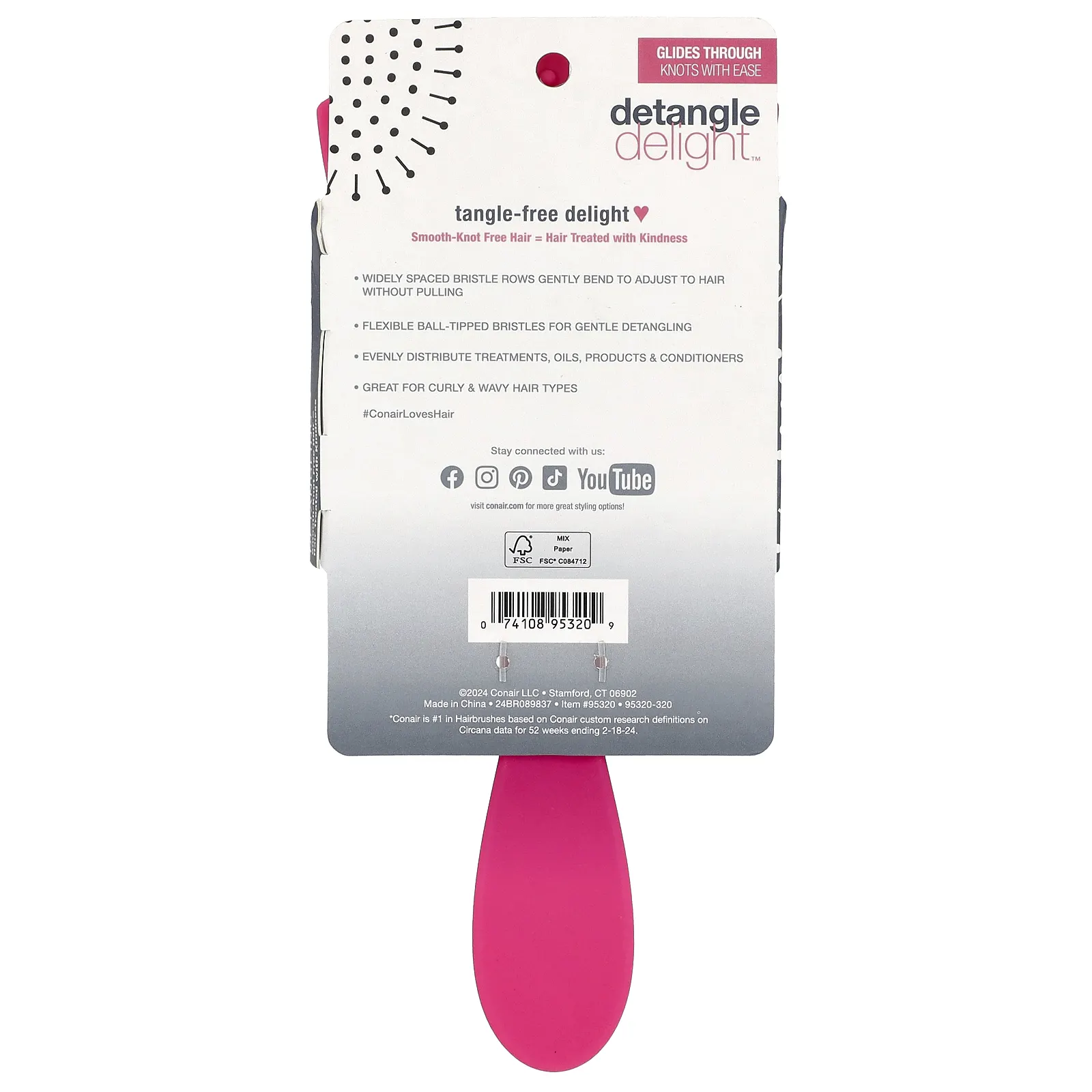 Conair, Detangle Delight™, расческа для вьющихся и волнистых волос, розовый, 1 шт.