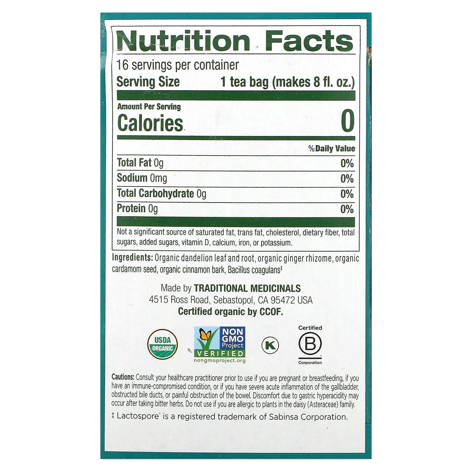 Traditional Medicinals, Organic Dandelion Chai Probiotic, пробиотический чайс одуванчиком, 16 чайных пакетиков, 33,6 г (1,19 унции)