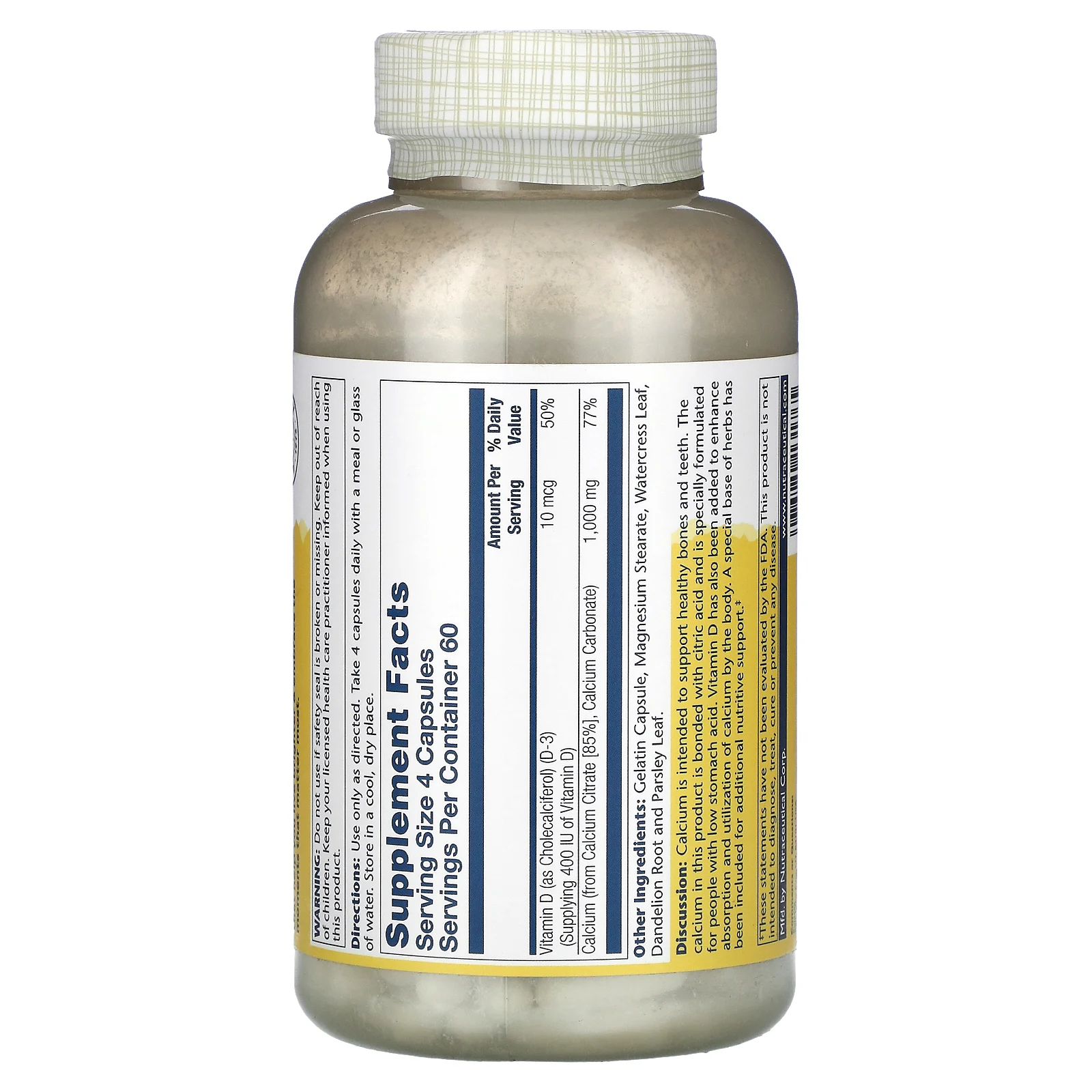 Solaray, цитрат кальция с витамином D3, 1000 мг, 240 вегетарианских капсул (250 мг в 1 капсуле)