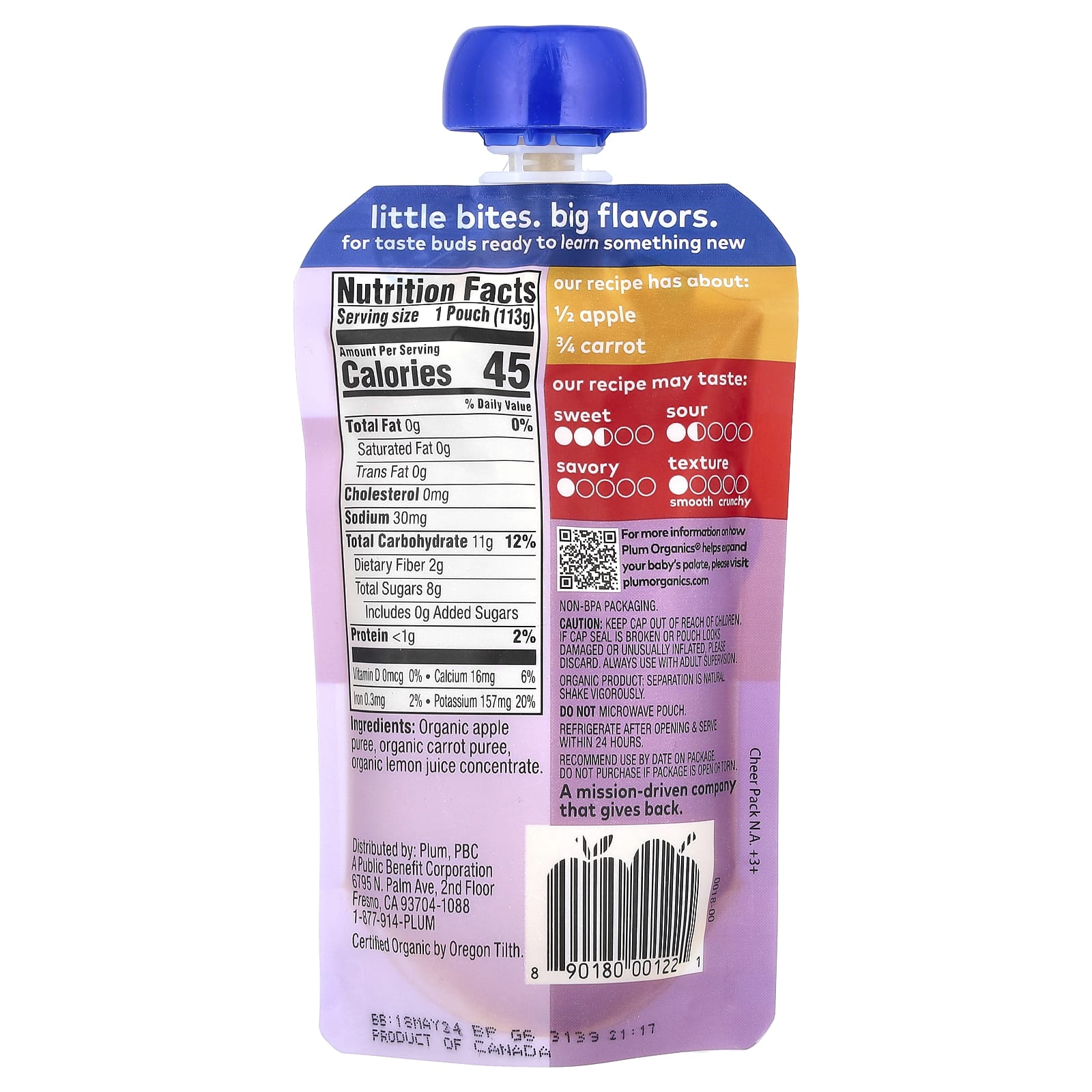 Plum Organics, Органическое детское питание, стадия 2, яблоко и морковь, 4 унции (113 г)