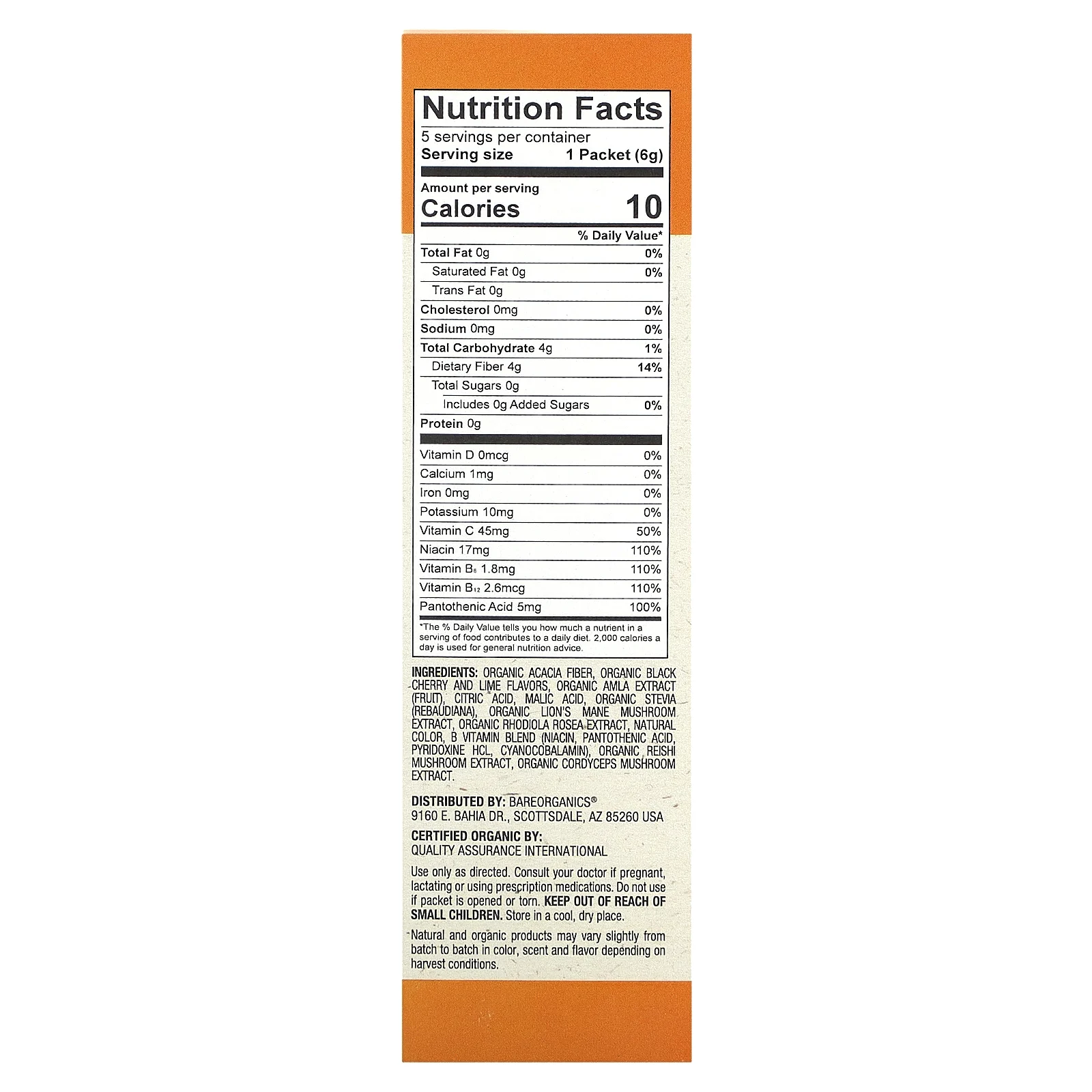 BareOrganics, Focus, Superfood Water Enhancer, органический вишневый лайм, 5 пакетиков в стиках по 6 г (0,21 унции)