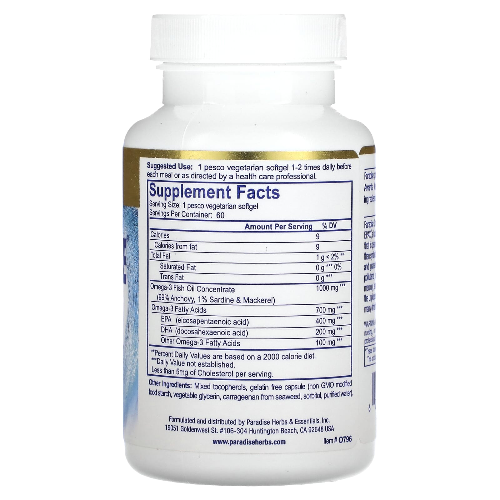 Paradise Herbs, Omega Sure, рыбий жир с омега-3 премиального качества, 1000 мг, 60 вегетарианских мягких таблеток Pesco