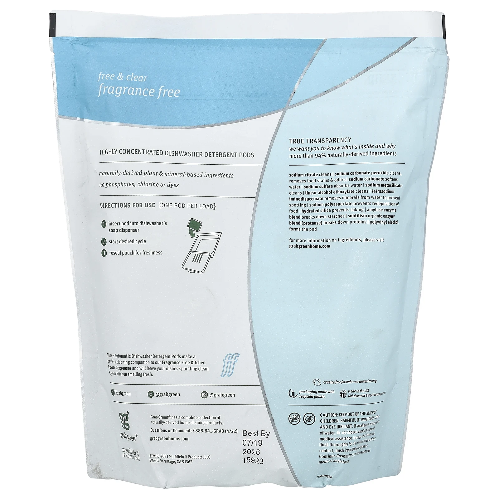 Grab Green, капсулы со стиральным порошком для автоматических посудомоечных машин, без запаха, 60 загрузок, 1080 г (2 фунта, 6 унций)