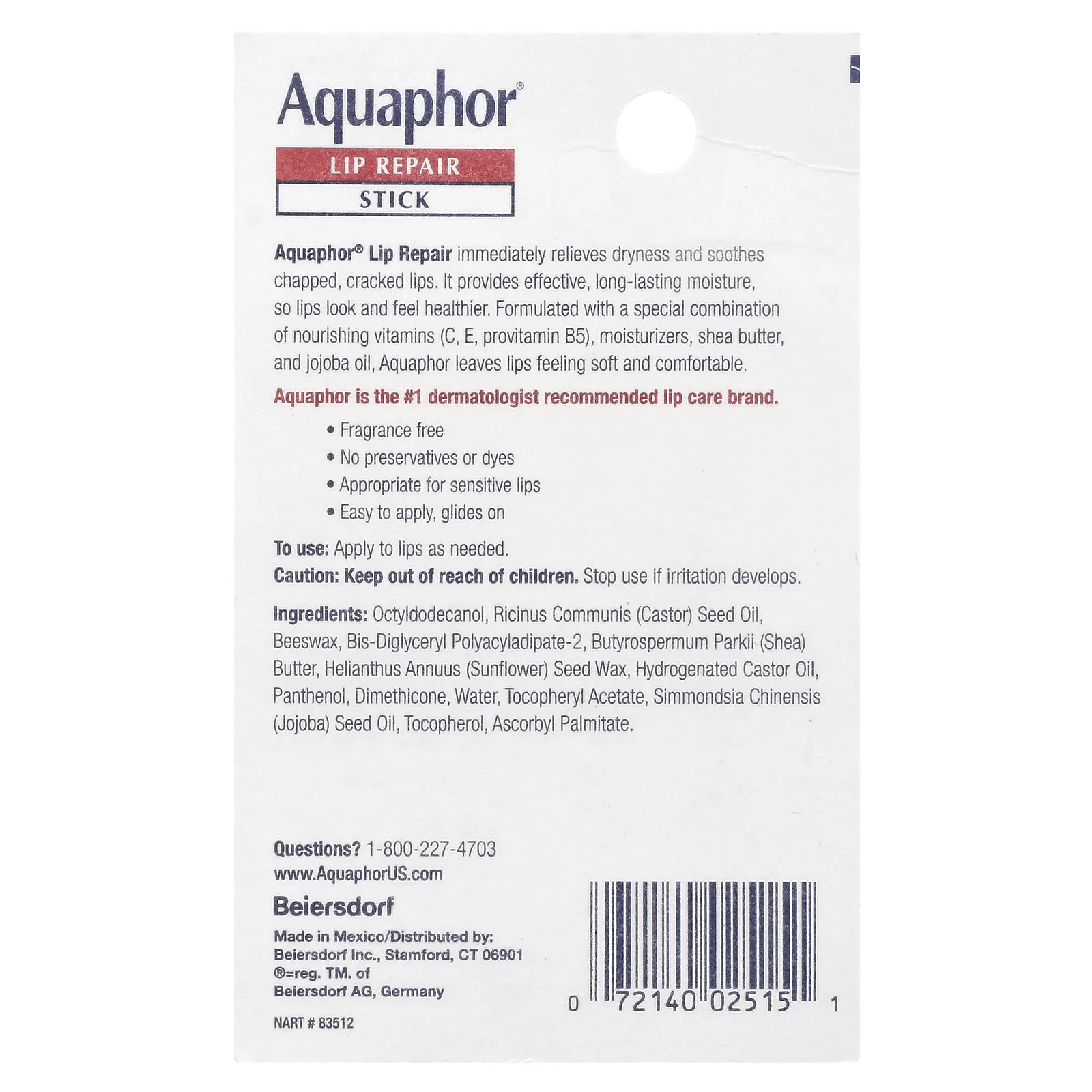 Aquaphor, Восстанавливающий бальзам для губ, помада, мгновенное восстановление, без запаха, 1 шт., 4,8 г (0,17 унции)