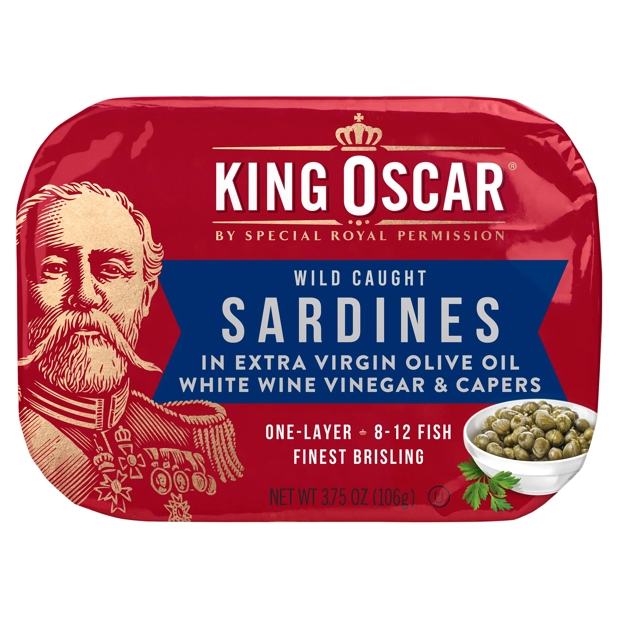 King Oscar, Дикие сардины в оливковом масле первого отжима, белый винный уксус и каперсы, 106 г (3,75 унции)