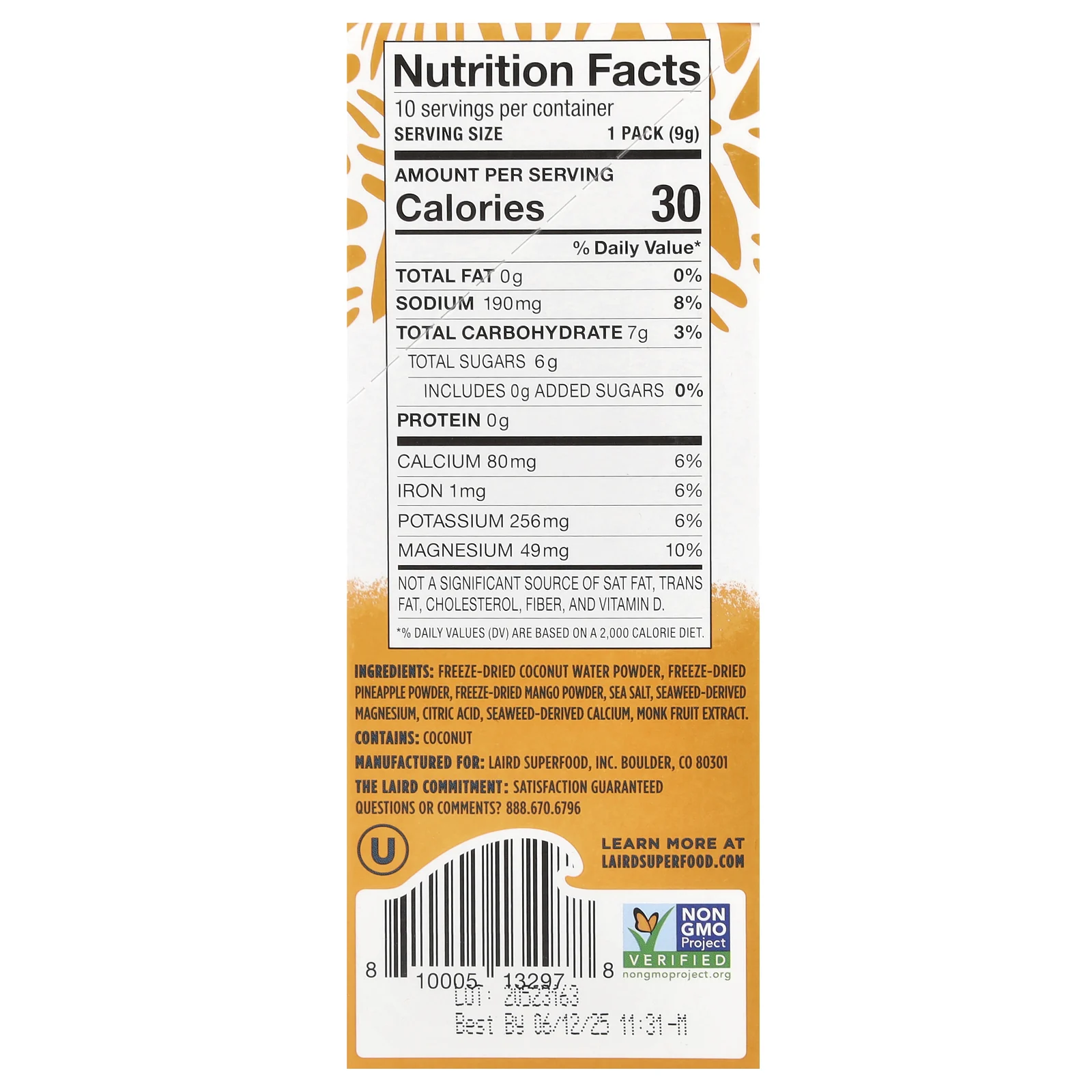 Laird Superfood, Hydrate Coconut Water, смесь для приготовления электролитного напитка, манго и ананас, 10 порционных пакетиков по 9 г (0,3 унции)