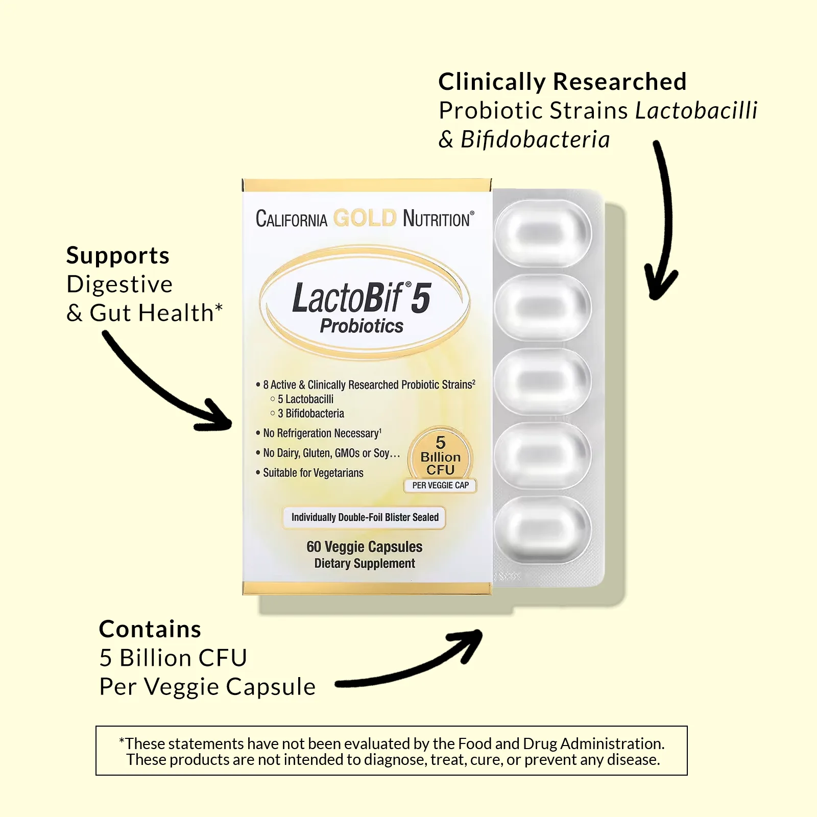 California Gold Nutrition, LactoBif 5, пробиотики, 5 млрд КОЕ, 60 вегетарианских капсул