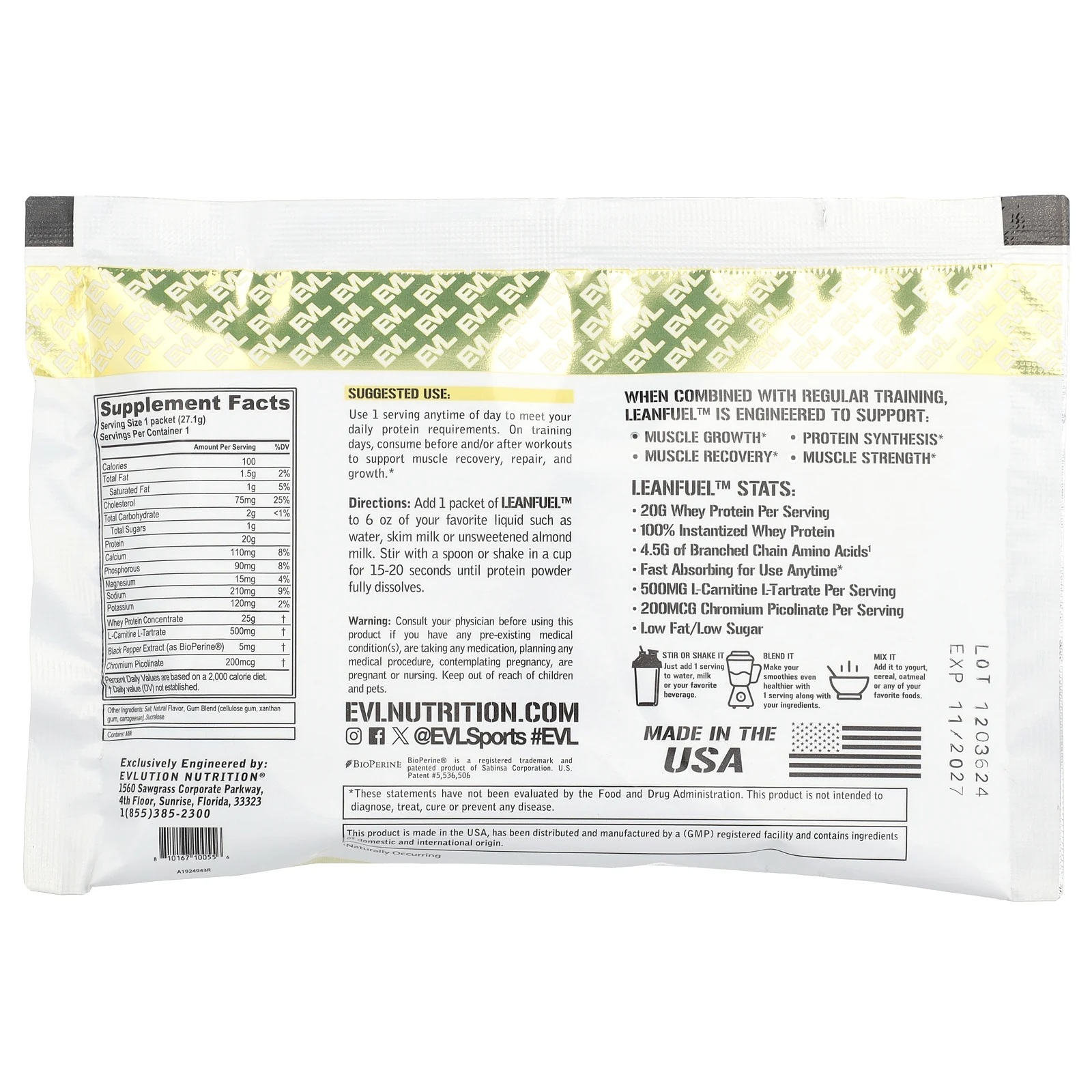 EVLution Nutrition, LeanFuel ™, ванильное мороженое, 3 пакетика по 27,1 г (0,96 унции)