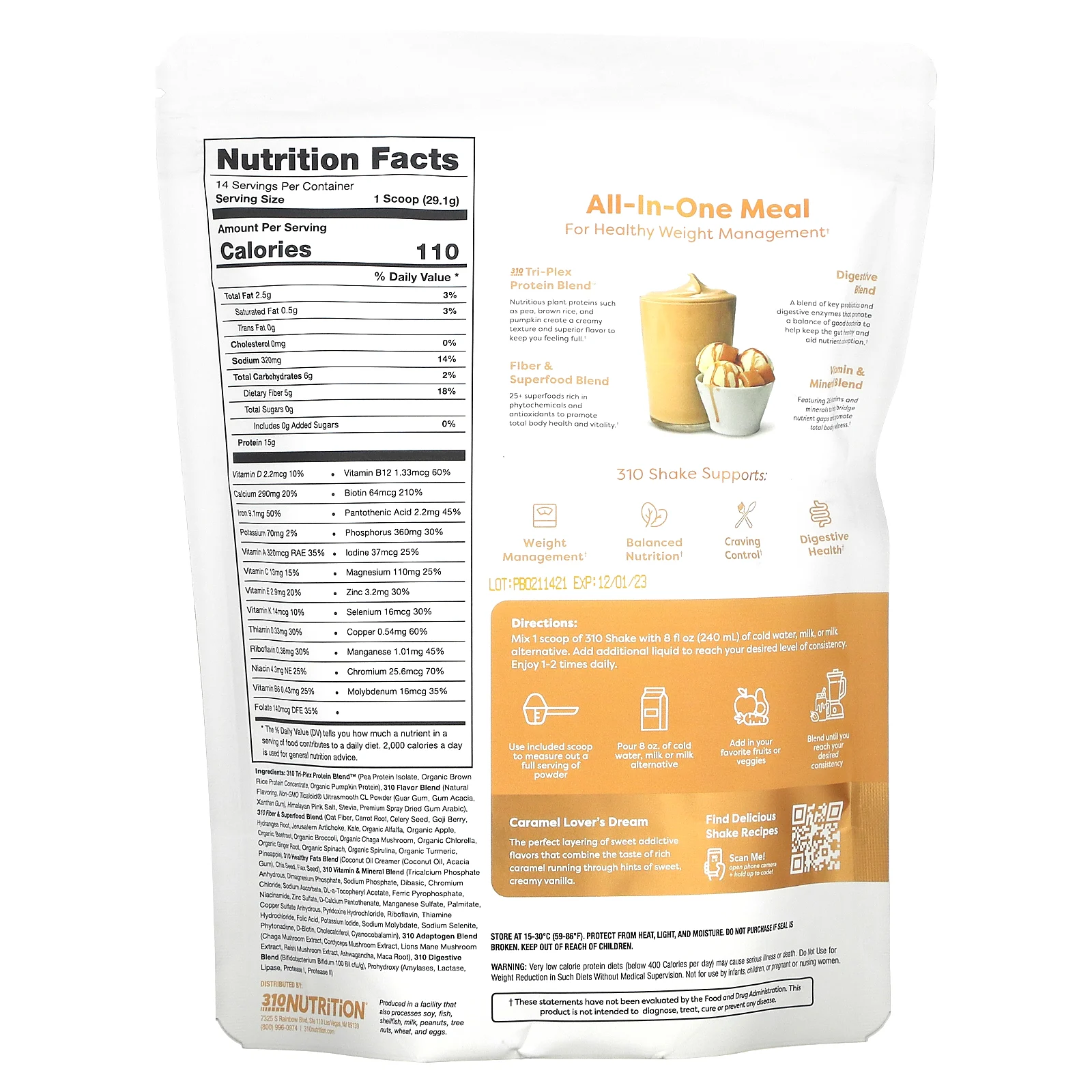310 Nutrition, All-In-One Meal Shake, мороженое с карамелью, 407,4 г (14,4 унции)