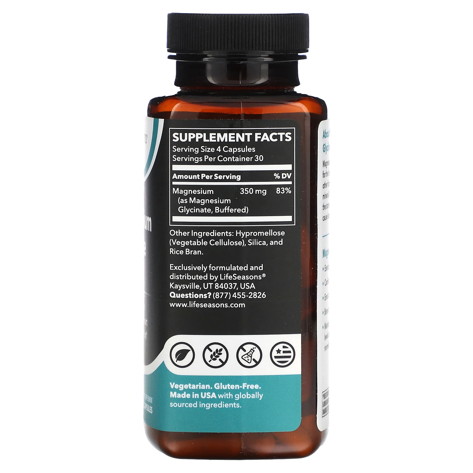 LifeSeasons, глицинат магния, 350 мг, 120 растительных капсул (87,5 мг в 1 капсуле)