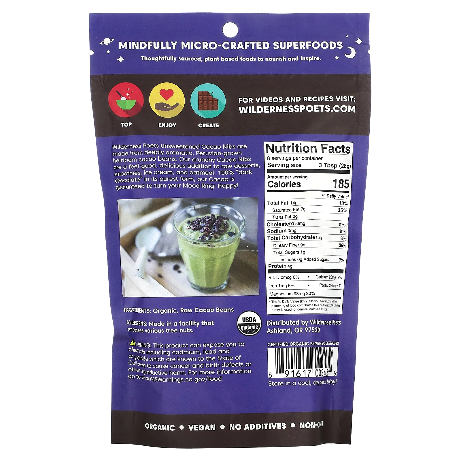 Wilderness Poets, органические неподслащенные ядра какао-боба, темный шоколад, 226 г (8 унций)