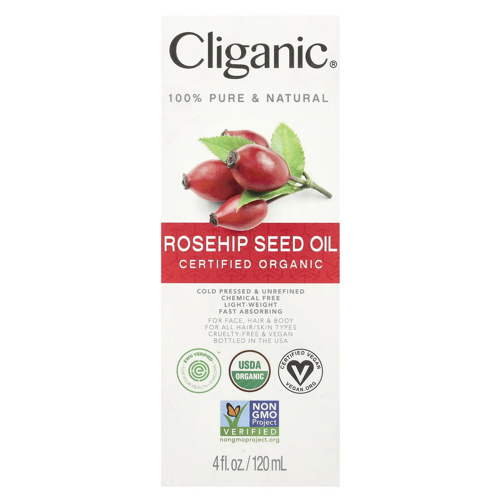 Cliganic, органическое масло из семян шиповника, 120 мл (4 жидк. унции)