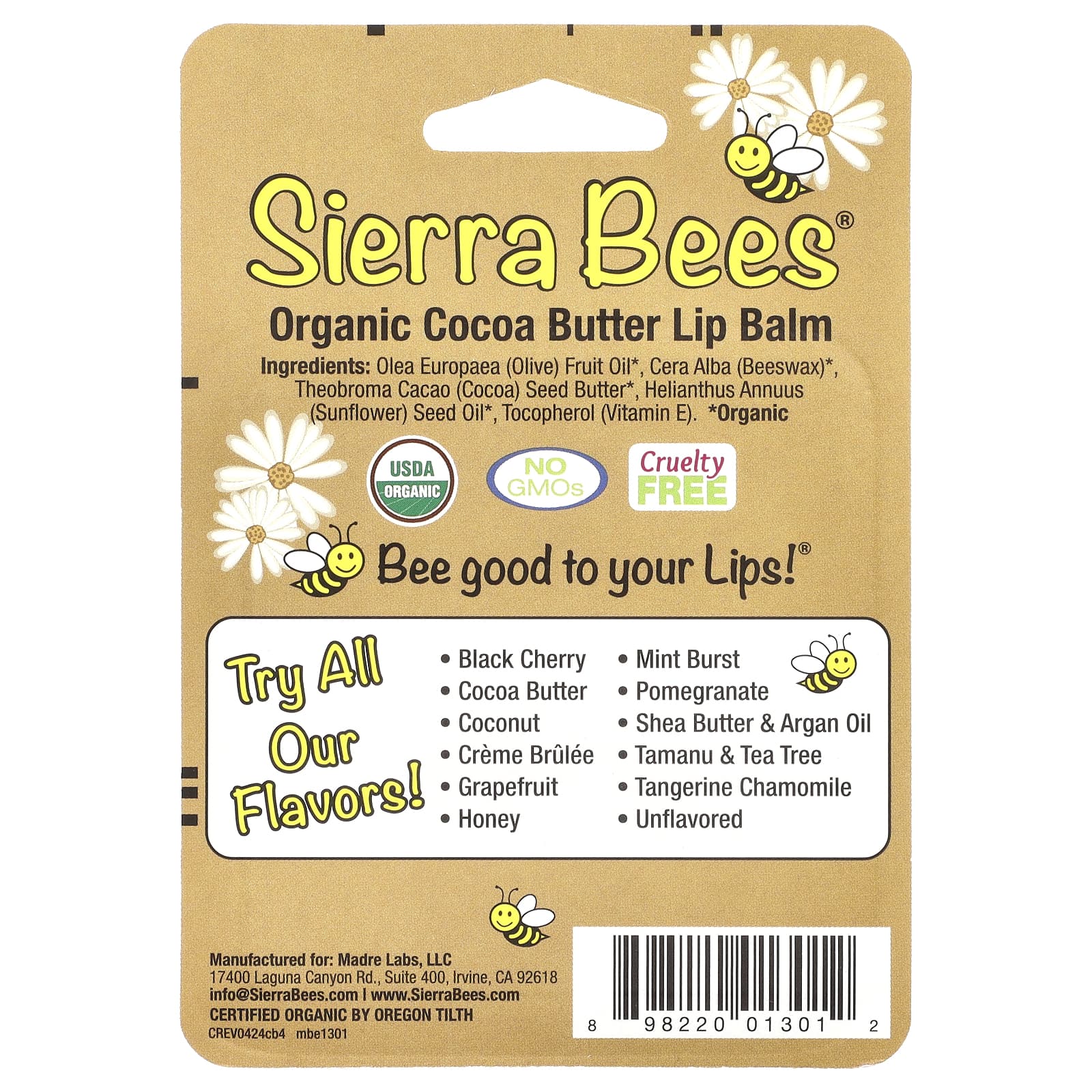 Sierra Bees, Органические бальзамы для губ, какао-масло, 4 штуки в упаковке весом 0,15 унции (4,25 г) каждая