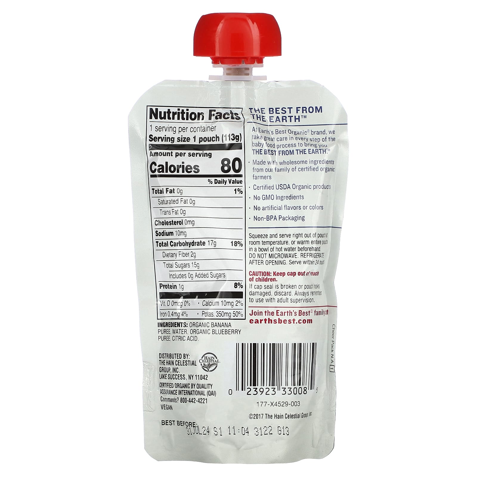 Earth's Best, органическое пюре для детского питания, для детей от 6 месяцев, банан и голубика, 113 г (4 унции)