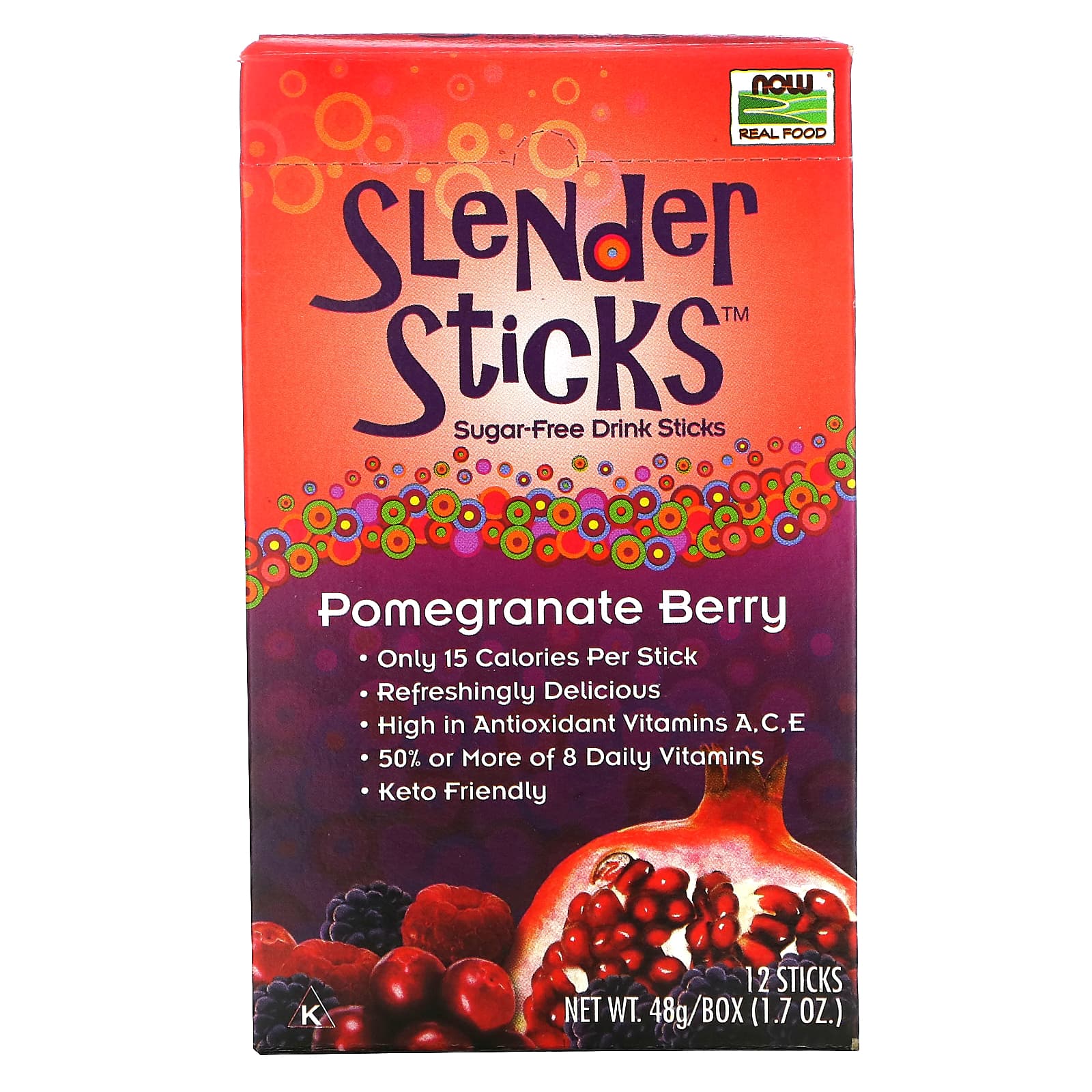 NOW Foods, Real Food, Slender Sticks, со вкусом граната и ягод, 12 стиков, по 4 г (0,14 унции)